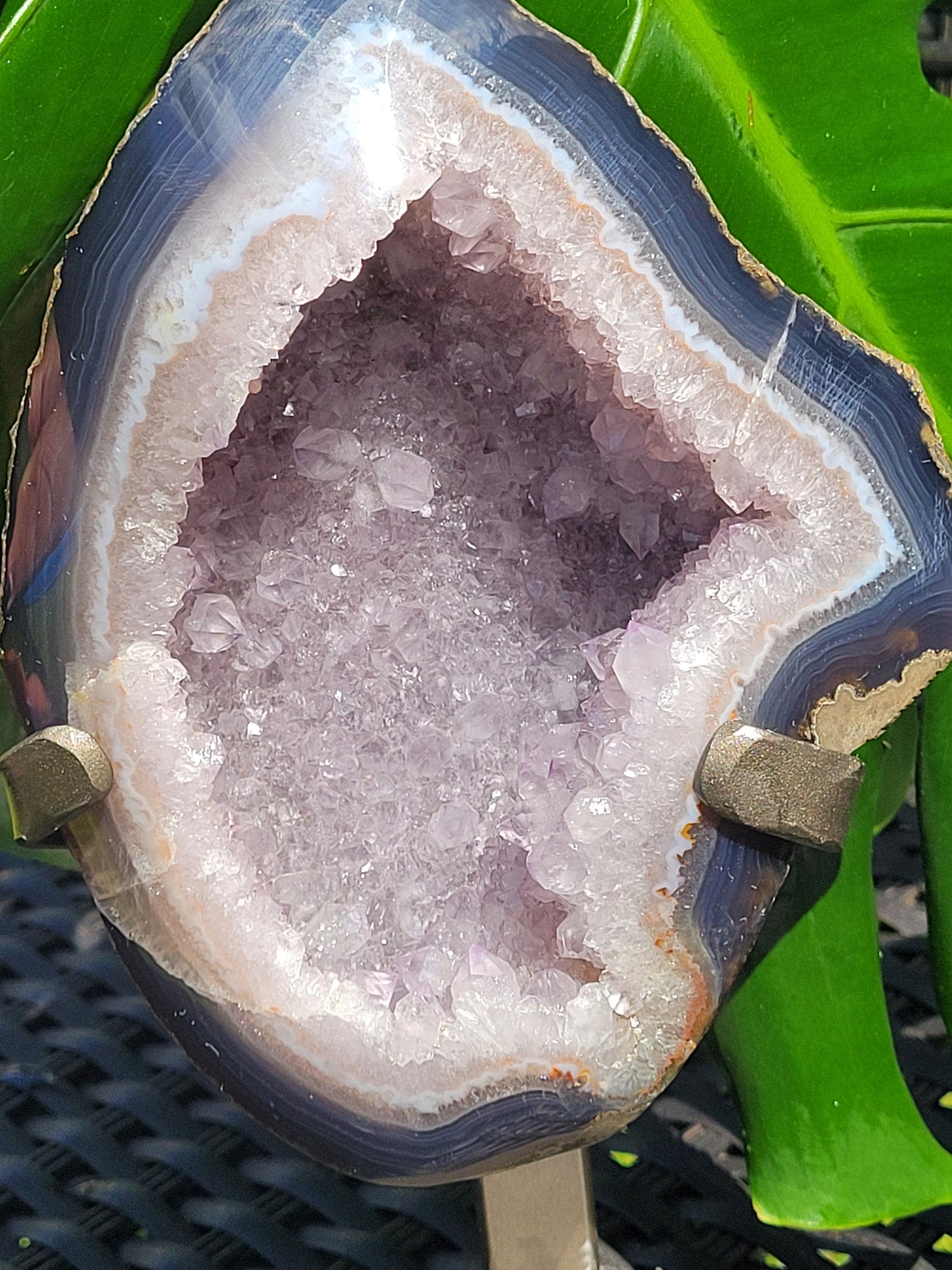 Druze Agate Geode with Stand | Black Chalcedony from Uruguay | Lilac Amethyst Crystals | Home Decor | Crystal Collector | Gift ideas | 4lbs