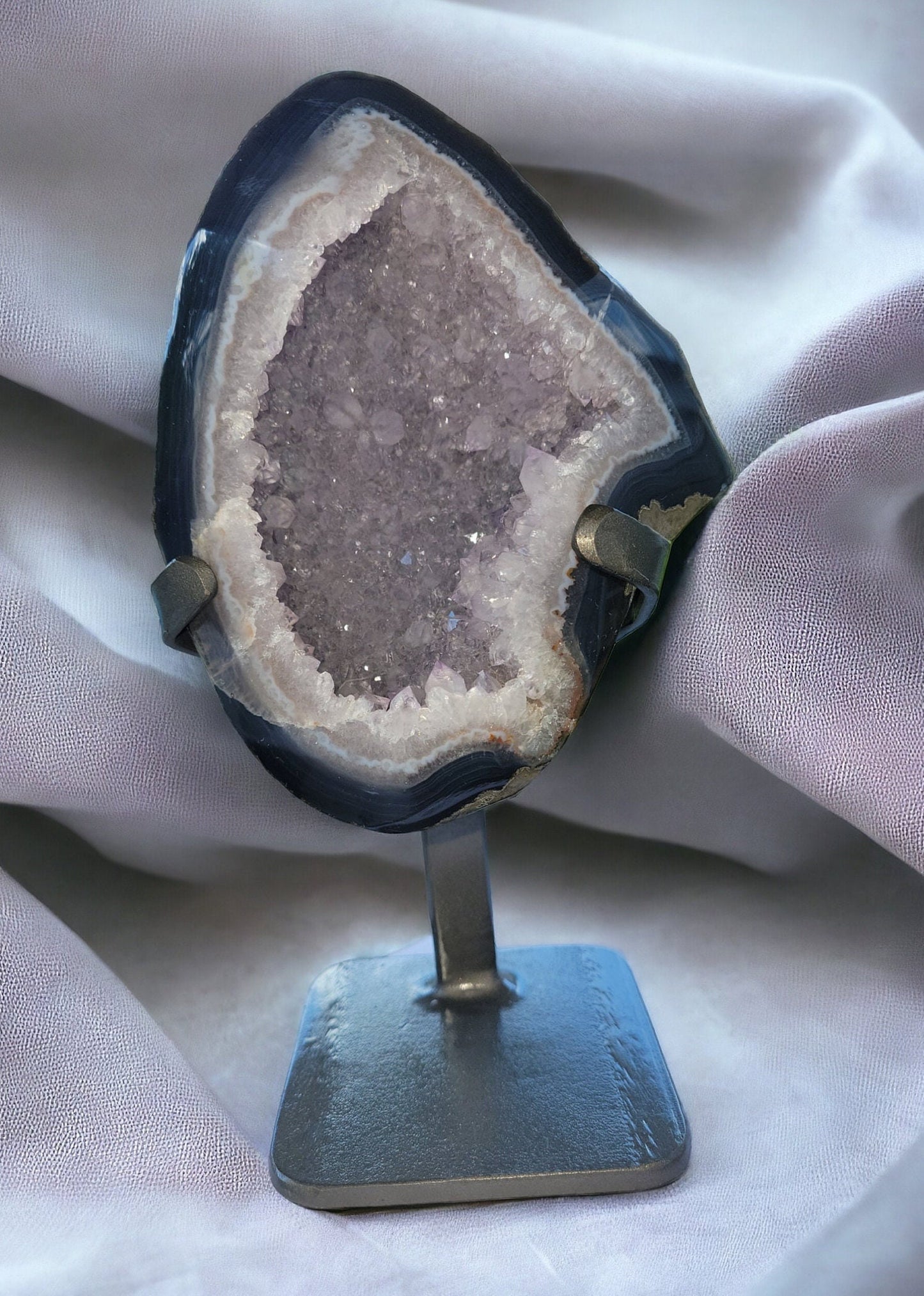 Druze Agate Geode with Stand | Black Chalcedony from Uruguay | Lilac Amethyst Crystals | Home Decor | Crystal Collector | Gift ideas | 4lbs