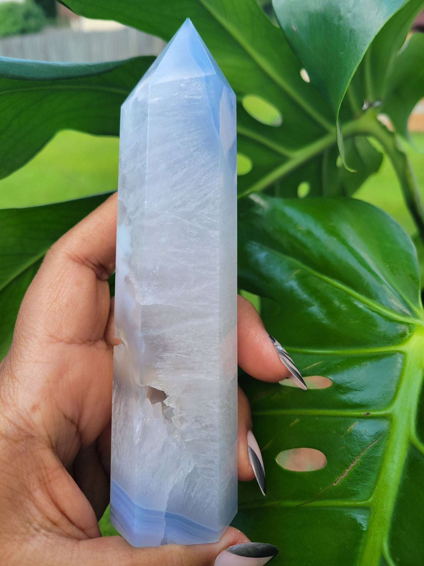 Beautiful Rare Druzy Blue Lace Agate Obelisk / Tower with Banding and Smoky Quartz | Birthday Christmas Gift Idea | Crystal Collectors