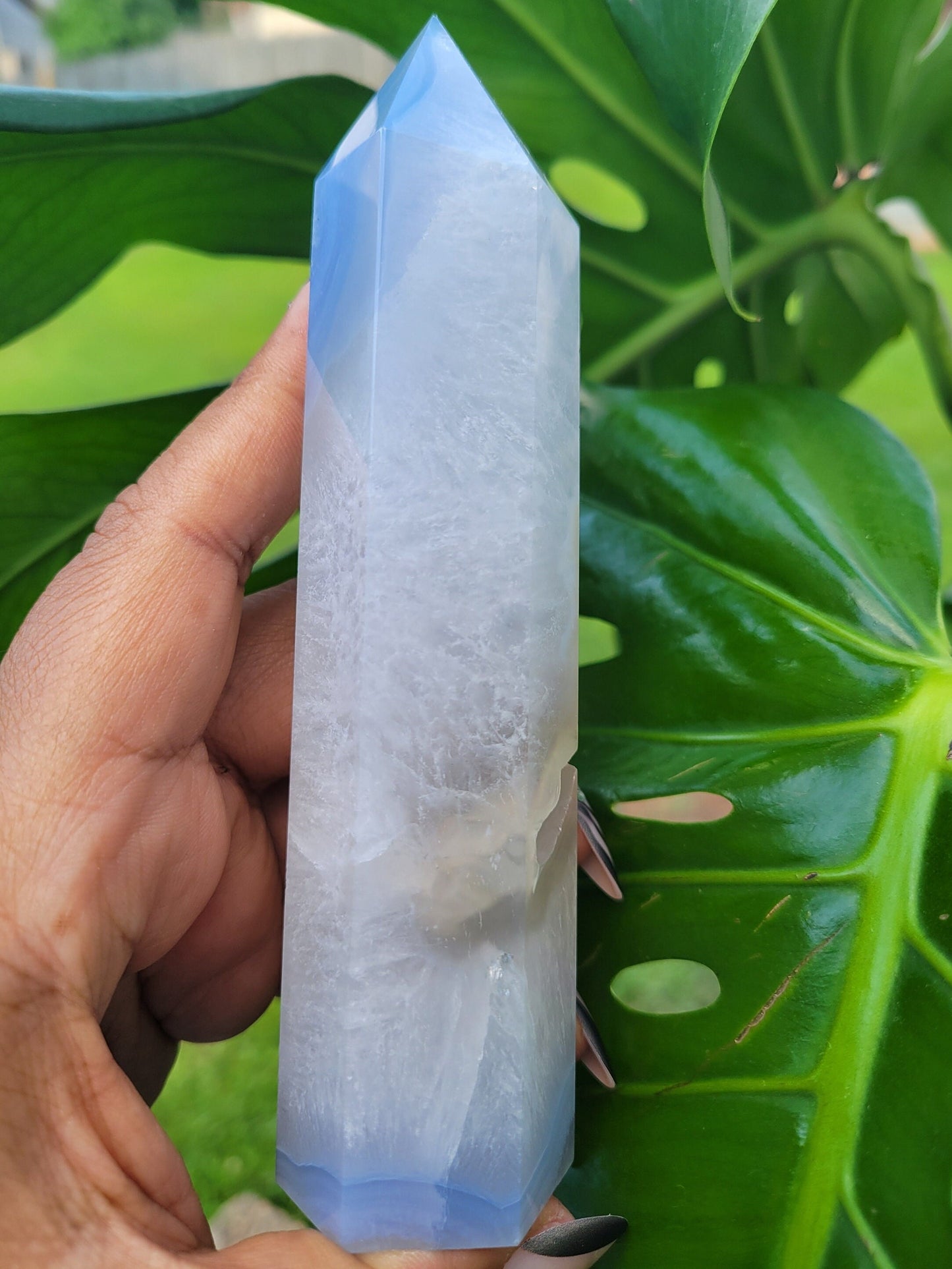 Beautiful Rare Druzy Blue Lace Agate Obelisk / Tower with Banding and Smoky Quartz | Birthday Christmas Gift Idea | Crystal Collectors