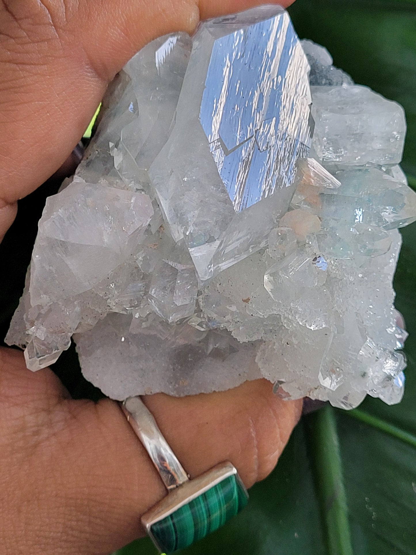 Gorgeous HQ Diamond Apophyllite with Peach Stilbite on Blue Chalcedony - India - Crystal Specimen - Crystal Collector - Home Decor - Gift