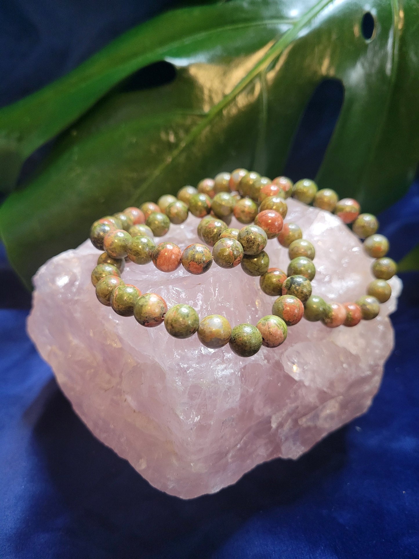 High Quality 8mm Crystal Beaded Unakite Bracelet - Green Epidote - Pink Feldspar - Quartz - Birthday - Anniversary - Love - Gift