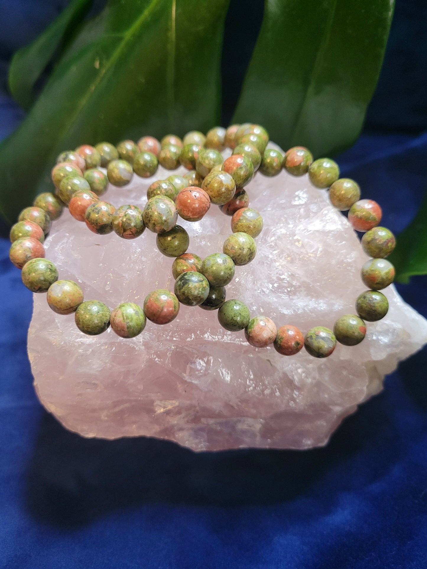 High Quality 8mm Crystal Beaded Unakite Bracelet - Green Epidote - Pink Feldspar - Quartz - Birthday - Anniversary - Love - Gift