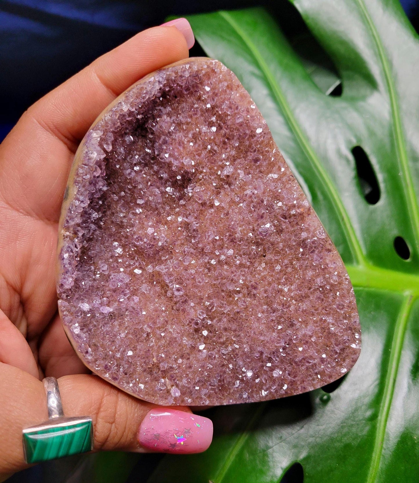 High Quality Galaxy Amethyst Shell with polished back from Uruguay - Home Decor-Crystal Collector-Gift Ideas - Red, Gold and Purple - 122g