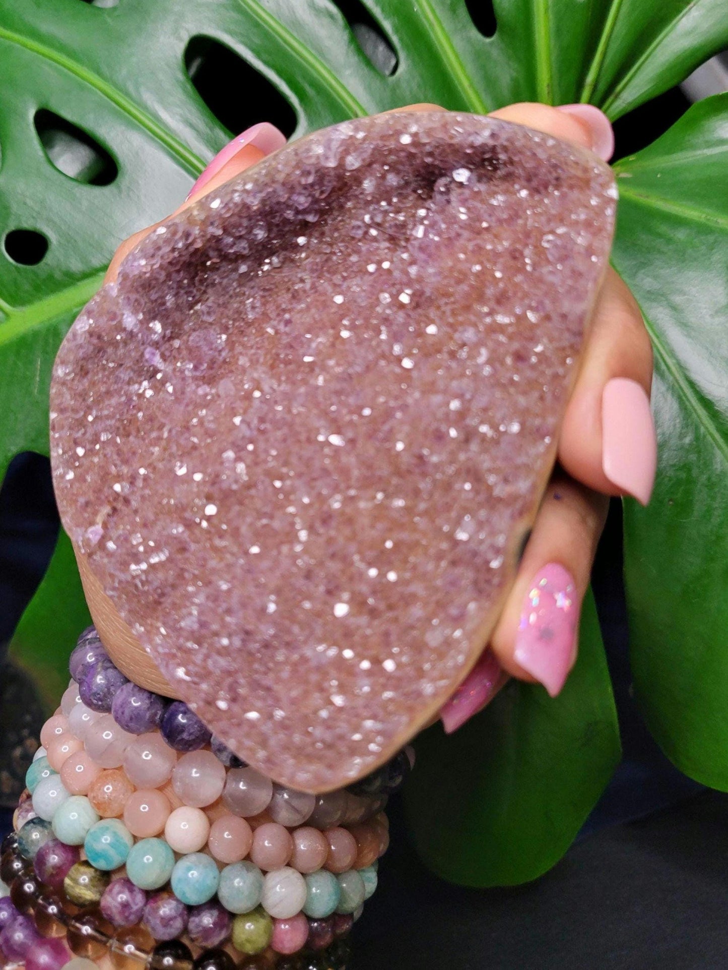 High Quality Galaxy Amethyst Shell with polished back from Uruguay - Home Decor-Crystal Collector-Gift Ideas - Red, Gold and Purple - 122g