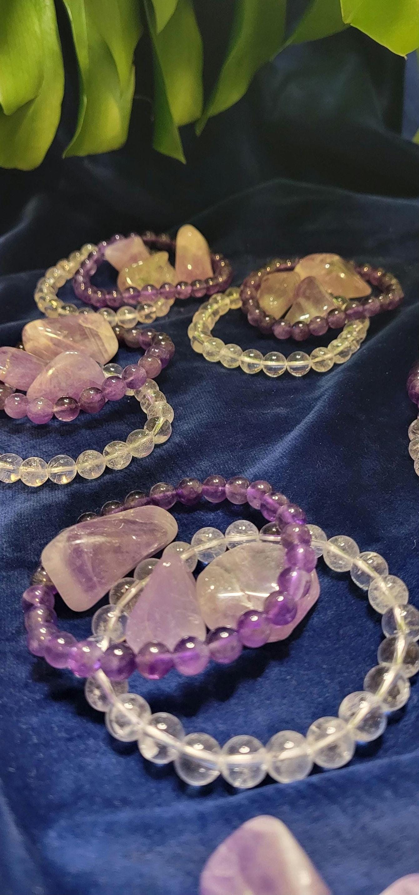 Set of (5) Awakening Gift Set |8mm Crystal Beaded Bracelets with Gemmy Amethyst Tumbles | Gift Ideas | Healing Awakening Clarity| Home Decor