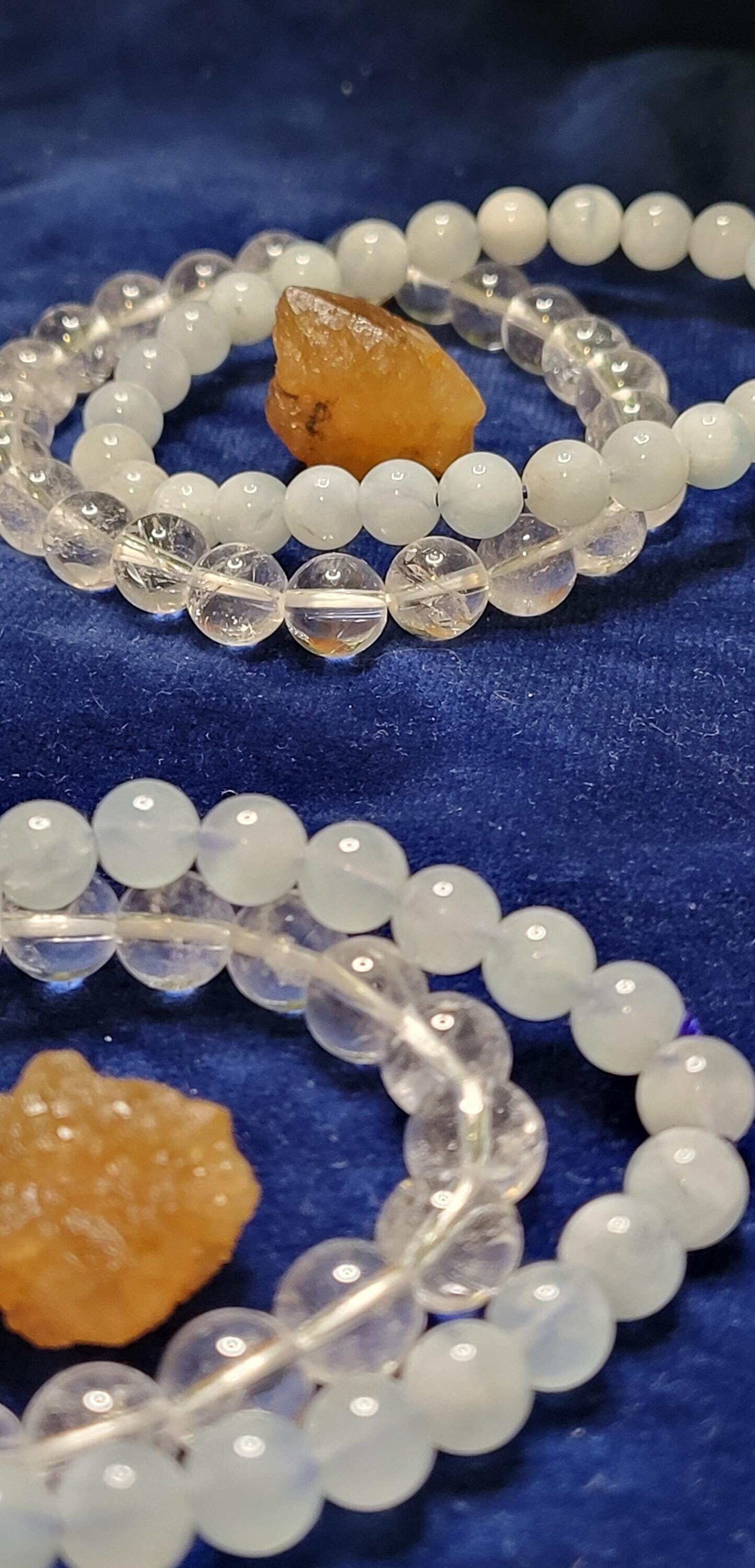 Set of (3) Enlightenment Gift Set | 7&8mm Crystal Bead Bracelets with Citrine Nugget from Morocco|Gift Ideas|Aquamarine Clear Quartz Citrine