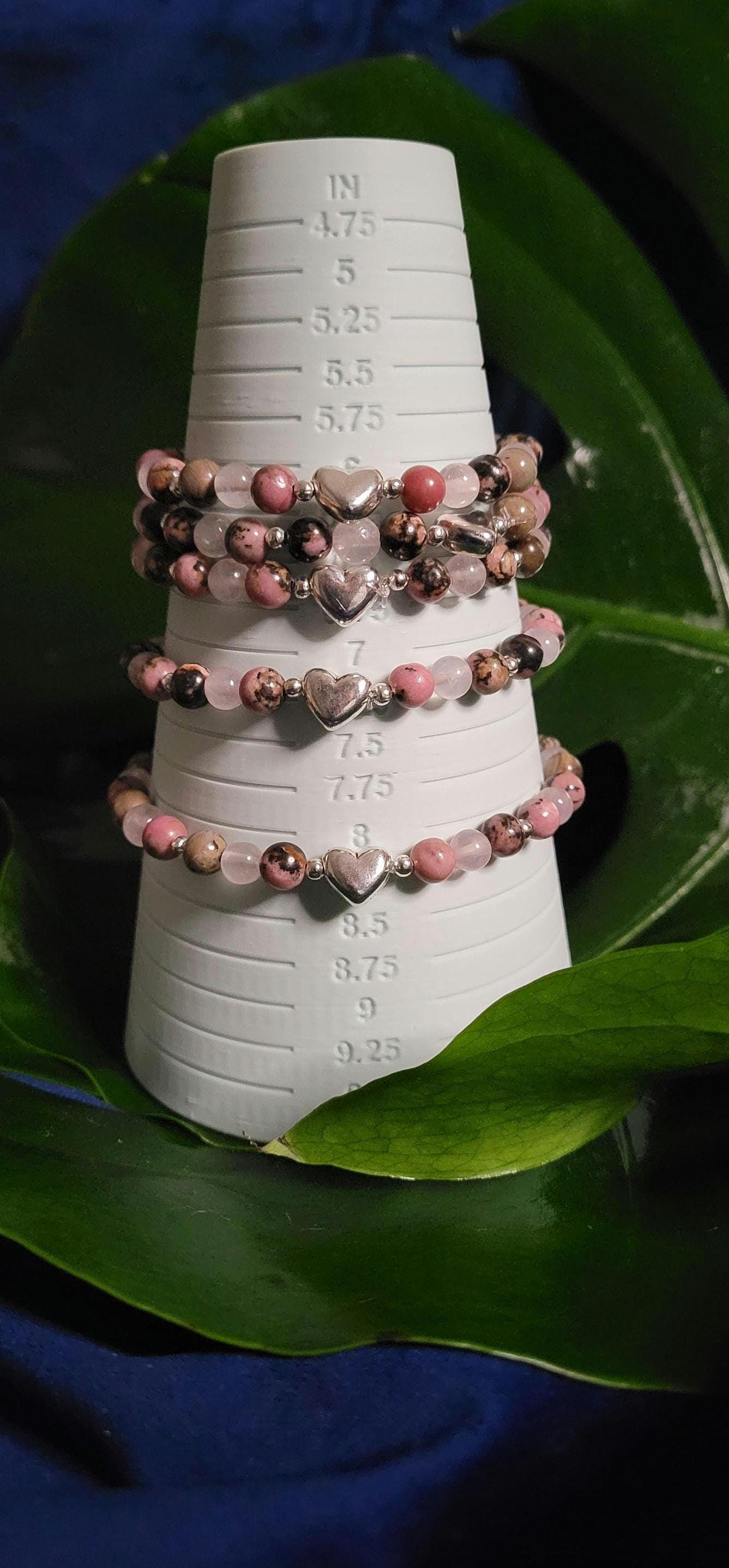 Dainty Rhodonite & Rose Quartz Handmade Unique Bracelet | Gifts for her | Jewelry Accessories | Pink Black Silver | Valentines Love Gift