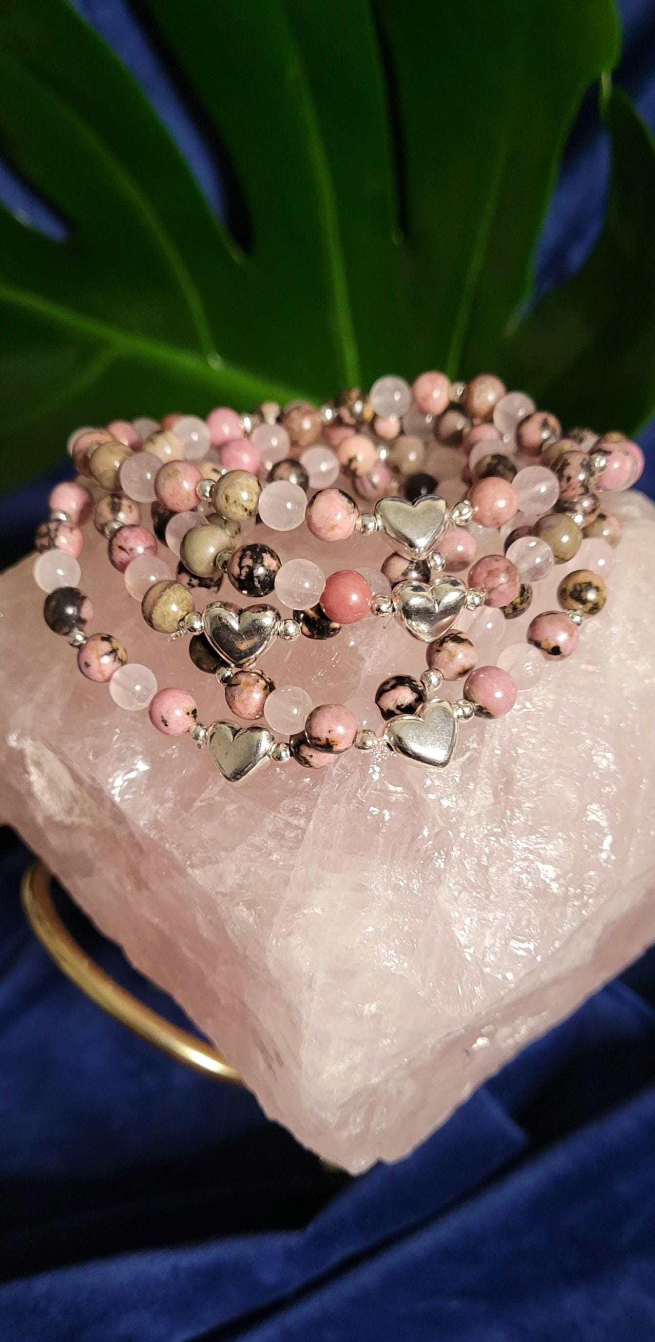 Dainty Rhodonite & Rose Quartz Handmade Unique Bracelet | Gifts for her | Jewelry Accessories | Pink Black Silver | Valentines Love Gift