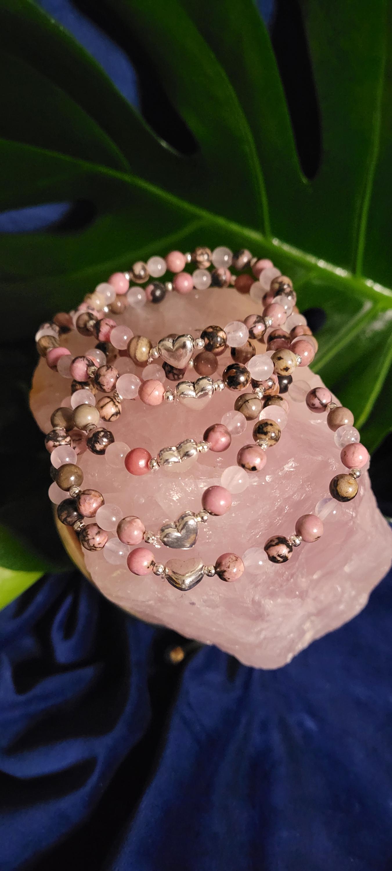 Dainty Rhodonite & Rose Quartz Handmade Unique Bracelet | Gifts for her | Jewelry Accessories | Pink Black Silver | Valentines Love Gift