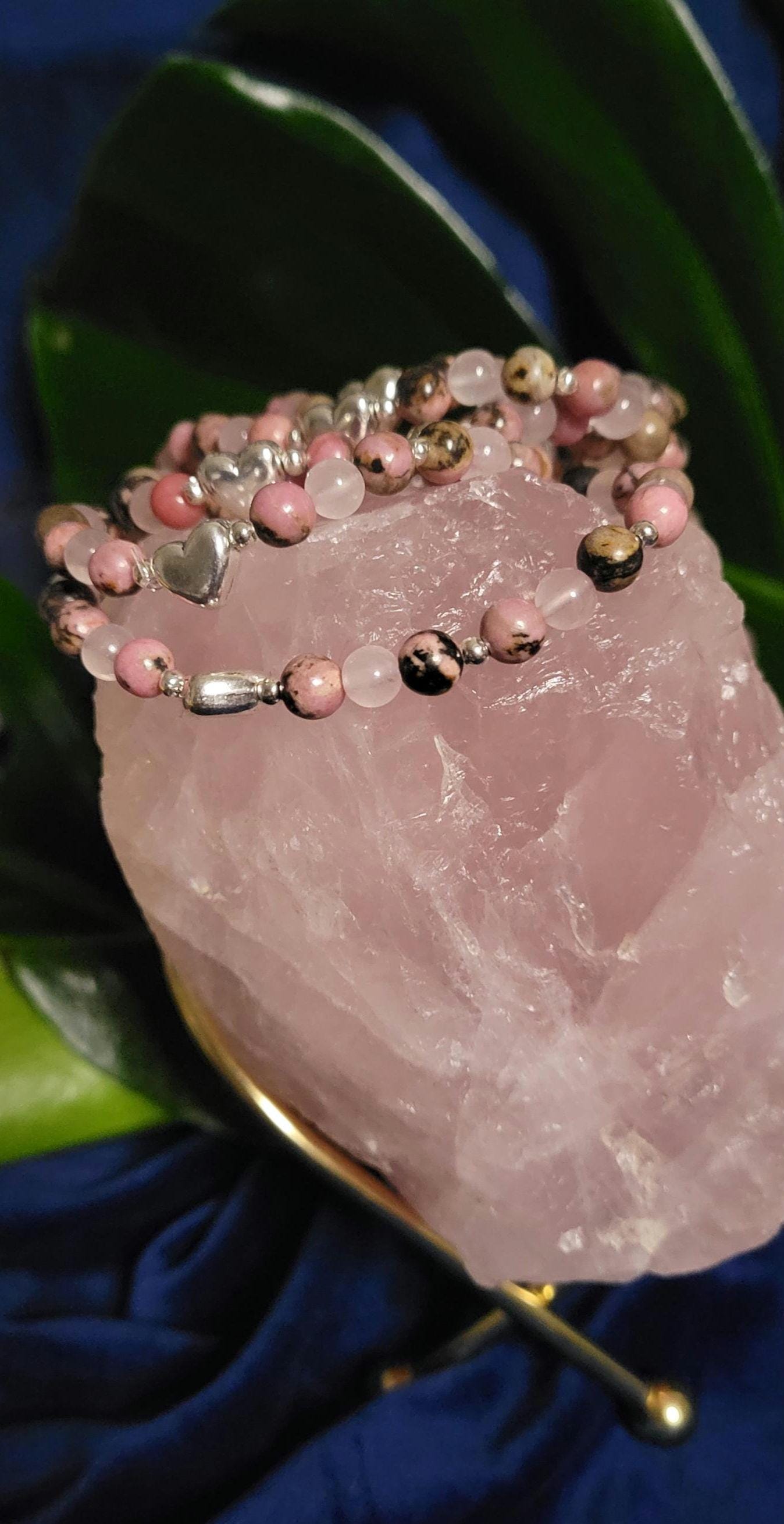 Dainty Rhodonite & Rose Quartz Handmade Unique Bracelet | Gifts for her | Jewelry Accessories | Pink Black Silver | Valentines Love Gift