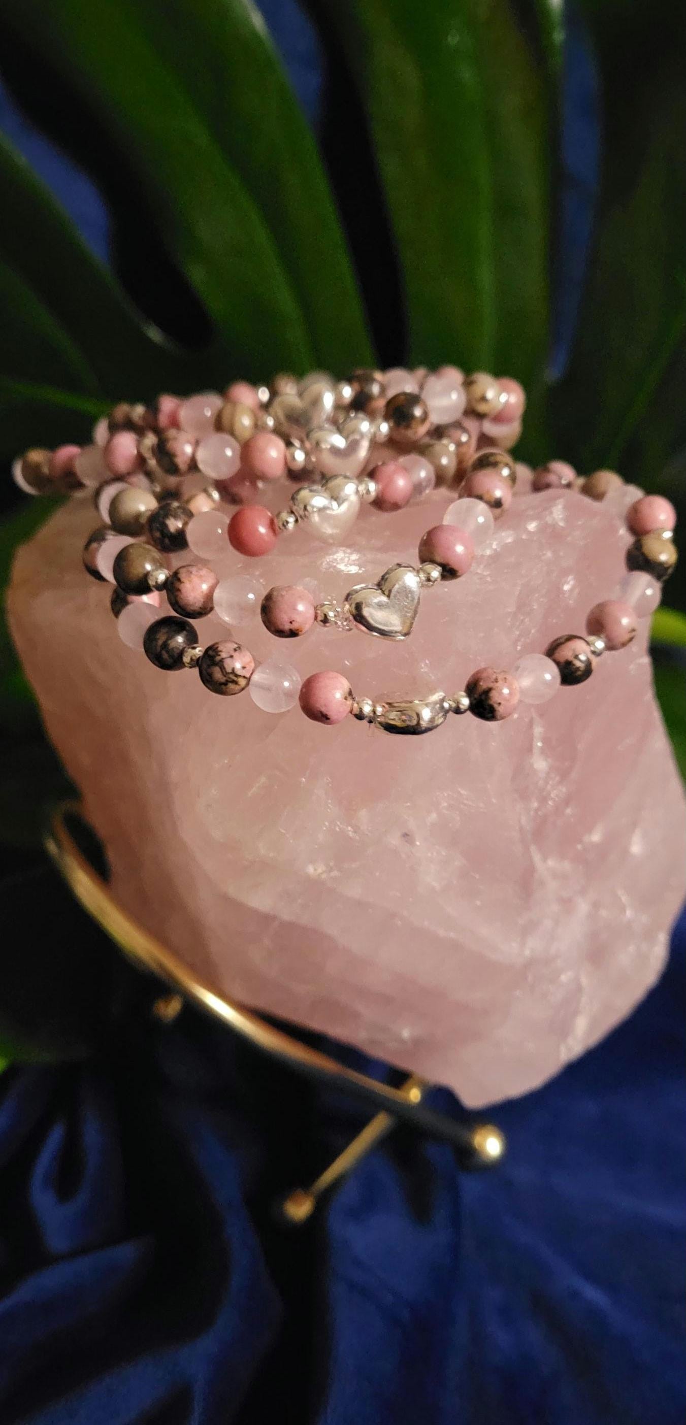 Dainty Rhodonite & Rose Quartz Handmade Unique Bracelet | Gifts for her | Jewelry Accessories | Pink Black Silver | Valentines Love Gift