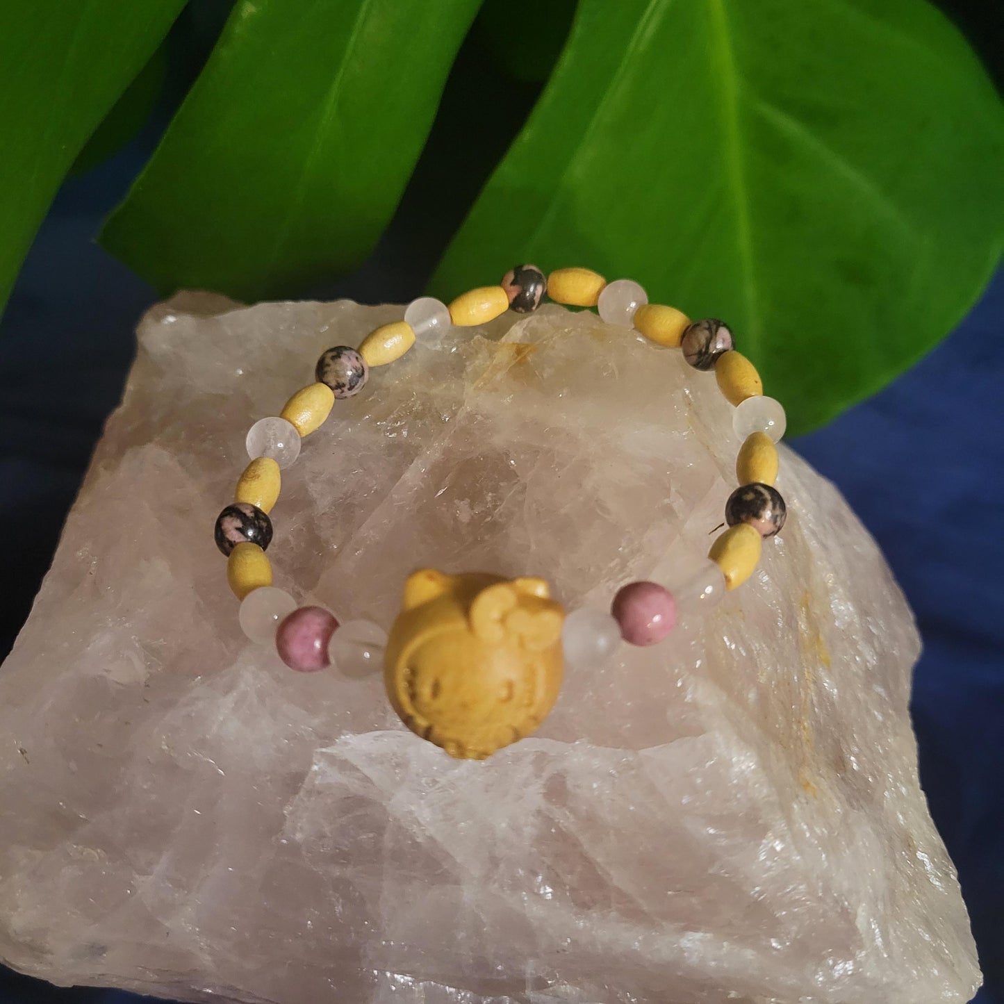 Dainty Bracelet Set with Hello Kitty Bead Charm | Rhodonite & Rose Quartz | Handmade Jewelry | Valentines Love Gift | Pastel Pink | Unique
