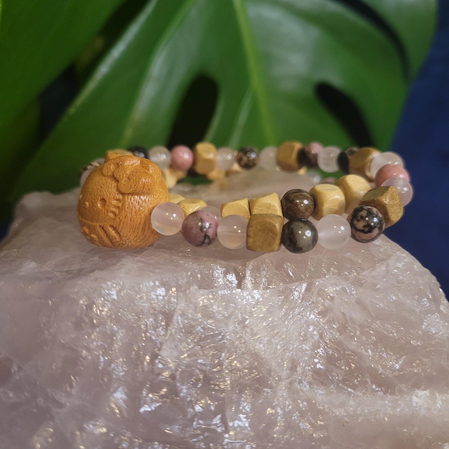 Dainty Bracelet Set with Hello Kitty Bead Charm | Rhodonite & Rose Quartz | Handmade Jewelry | Valentines Love Gift | Pastel Pink | Unique
