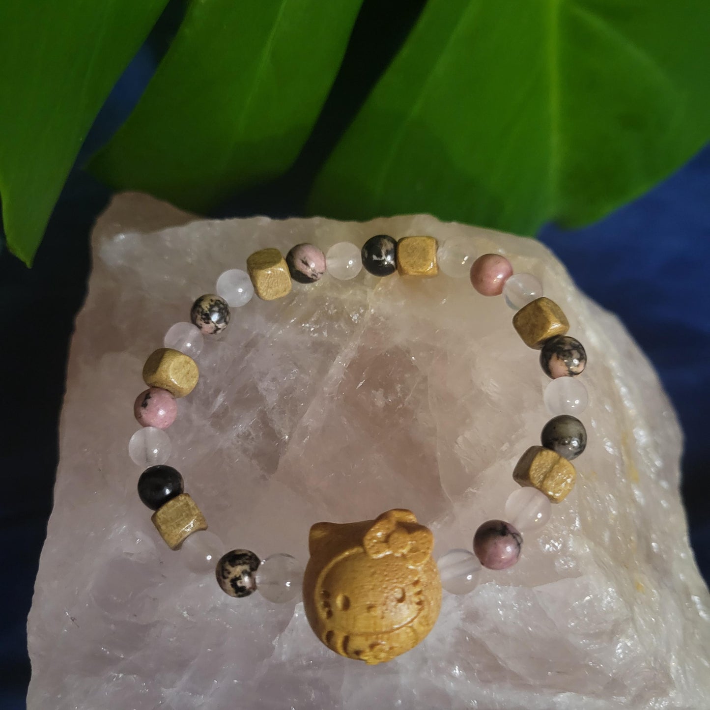 Dainty Bracelet Set with Hello Kitty Bead Charm | Rhodonite & Rose Quartz | Handmade Jewelry | Valentines Love Gift | Pastel Pink | Unique
