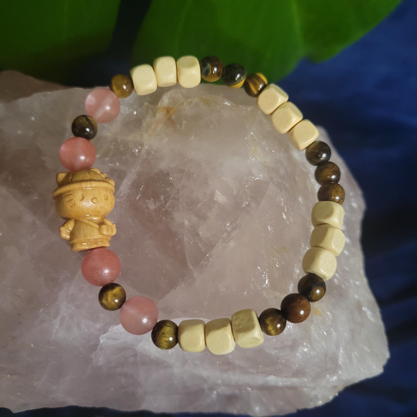 Dainty Bracelet Set with Hello Kitty Bead Charm | Cherry Quartz & Tigers Eye | Handmade Jewelry | Valentines Love Gift | Cute Unique Pastels