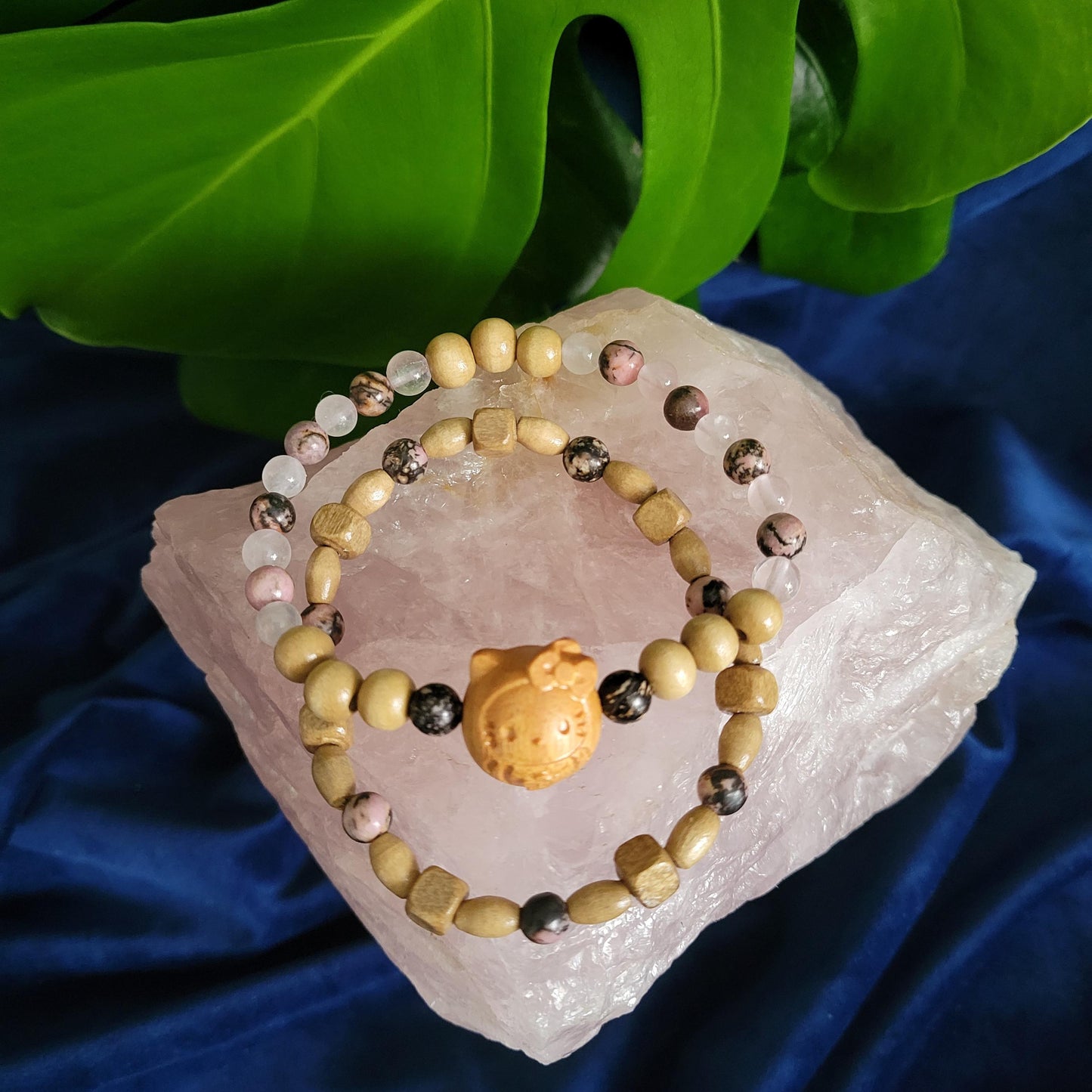 Dainty Bracelet Set with Hello Kitty Bead Charm | Rhodonite & Rose Quartz | Handmade Jewelry | Valentines Love Gift | Pretty Pastel Pink