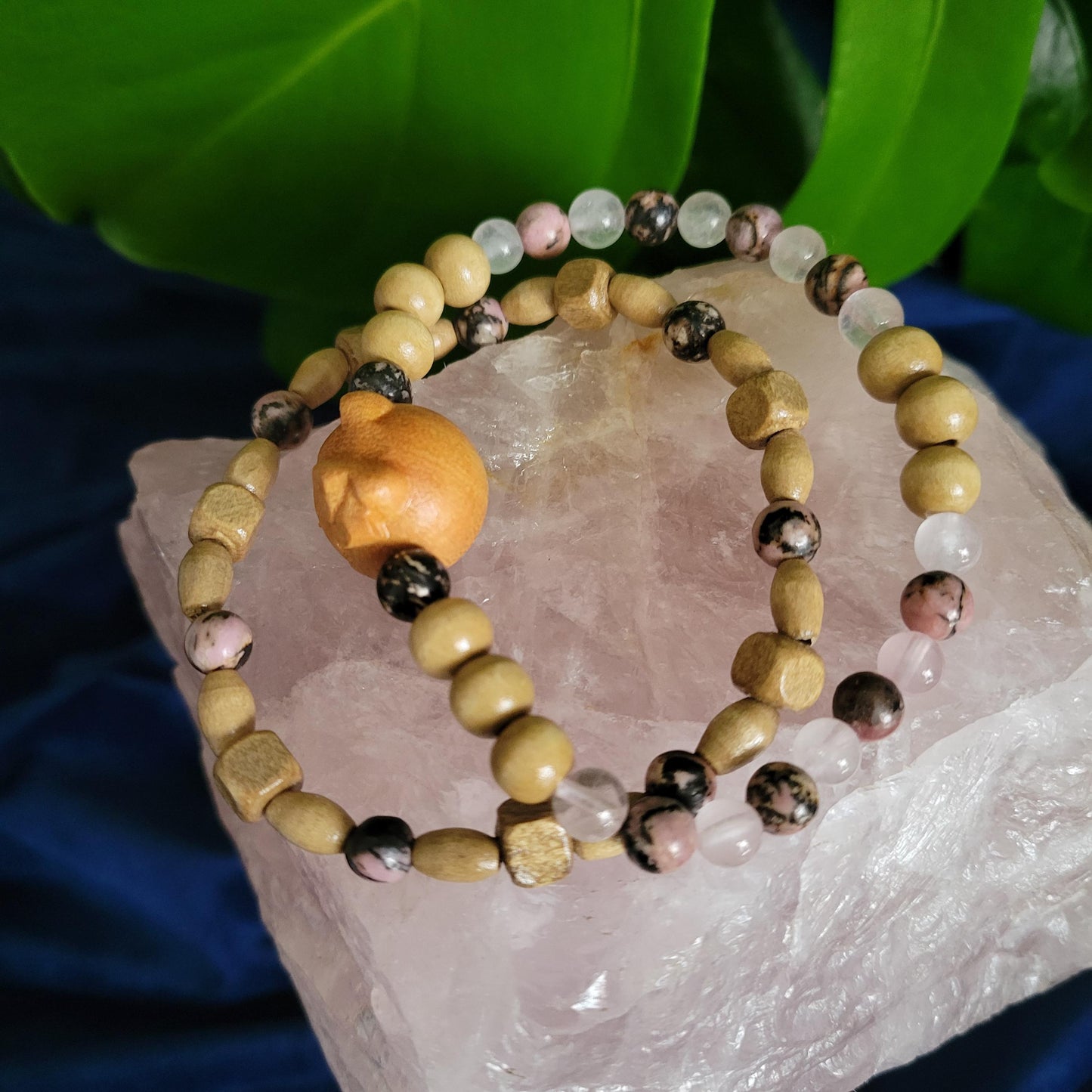 Dainty Bracelet Set with Hello Kitty Bead Charm | Rhodonite & Rose Quartz | Handmade Jewelry | Valentines Love Gift | Pretty Pastel Pink