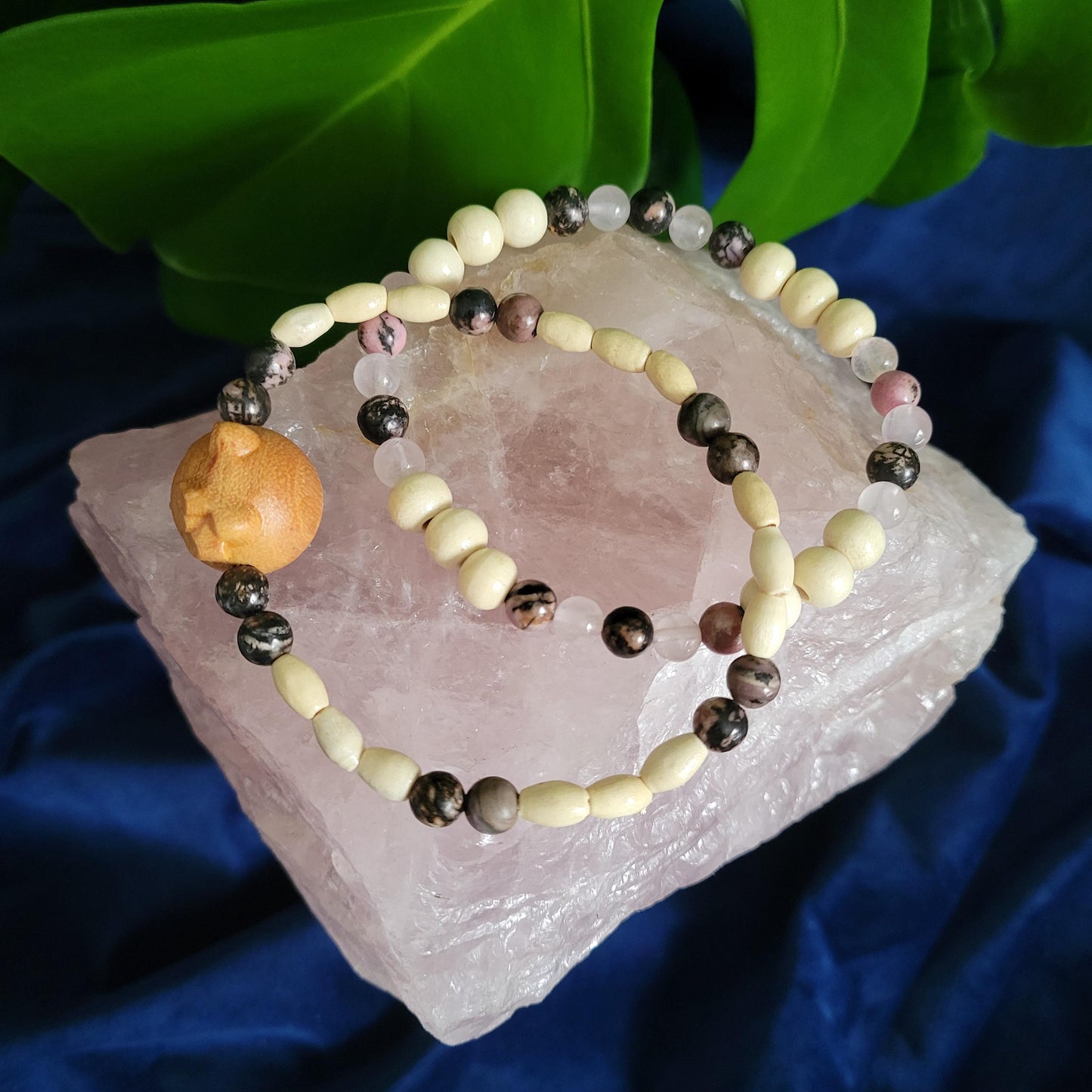 Dainty Bracelet Set with Hello Kitty Bead Charm | Rhodonite & Rose Quartz | Handmade Jewelry | Valentines Love Gift | Pretty Pastel Pink