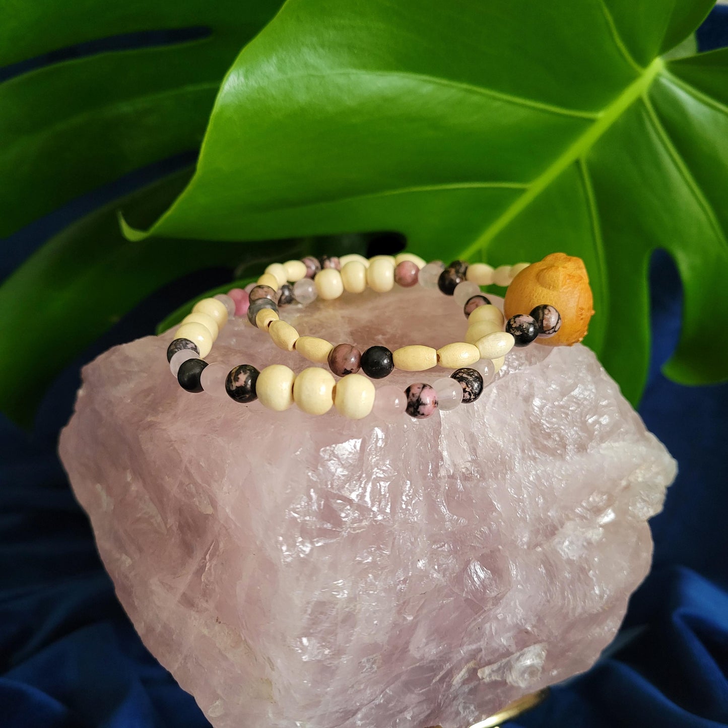 Dainty Bracelet Set with Hello Kitty Bead Charm | Rhodonite & Rose Quartz | Handmade Jewelry | Valentines Love Gift | Pretty Pastel Pink