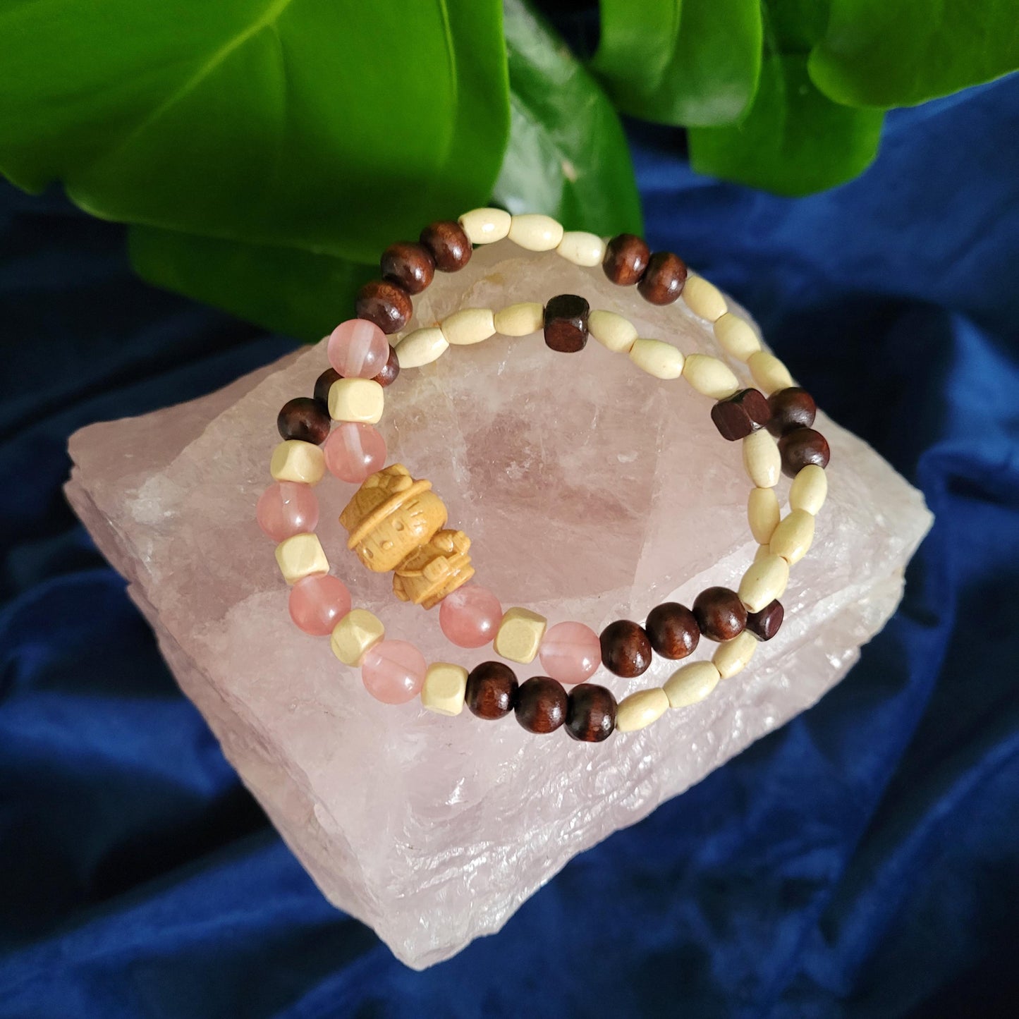 Dainty Bracelet Set with Hello Kitty Bead Charm | Cherry Quartz Crystal Beads | Handmade Jewelry | Valentines Love Gift | Pretty in Pastels
