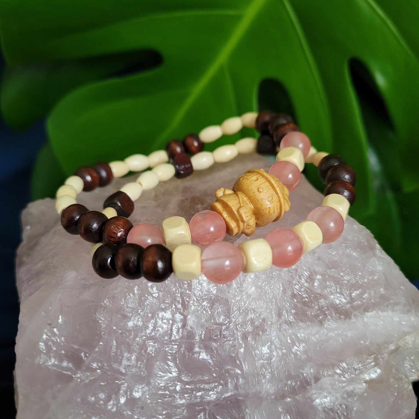Dainty Bracelet Set with Hello Kitty Bead Charm | Cherry Quartz Crystal Beads | Handmade Jewelry | Valentines Love Gift | Pretty in Pastels