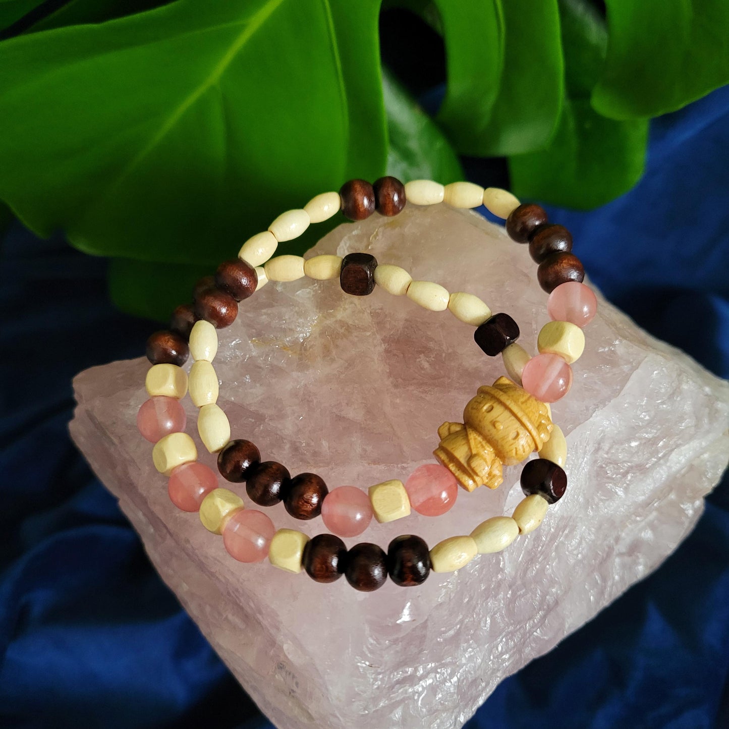 Dainty Bracelet Set with Hello Kitty Bead Charm | Cherry Quartz Crystal Beads | Handmade Jewelry | Valentines Love Gift | Pretty in Pastels