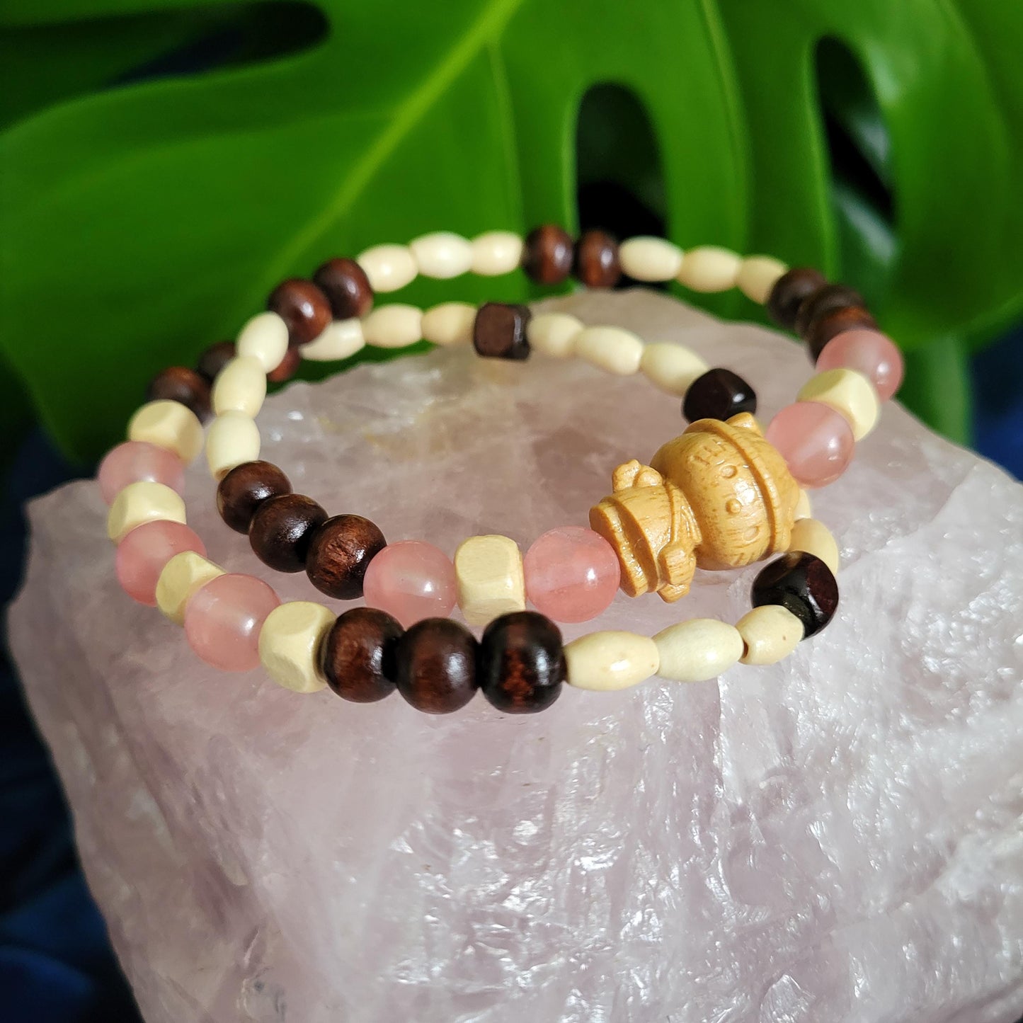 Dainty Bracelet Set with Hello Kitty Bead Charm | Cherry Quartz Crystal Beads | Handmade Jewelry | Valentines Love Gift | Pretty in Pastels