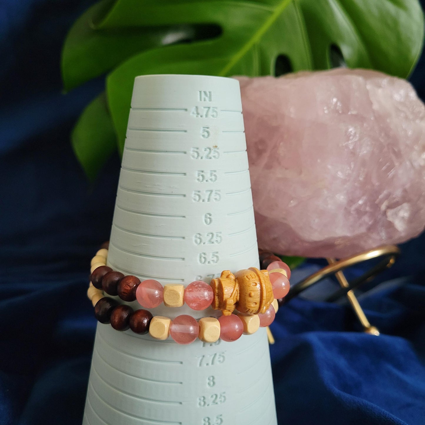 Dainty Bracelet Set with Hello Kitty Bead Charm | Cherry Quartz Crystal Beads | Handmade Jewelry | Valentines Love Gift | Pretty in Pastels