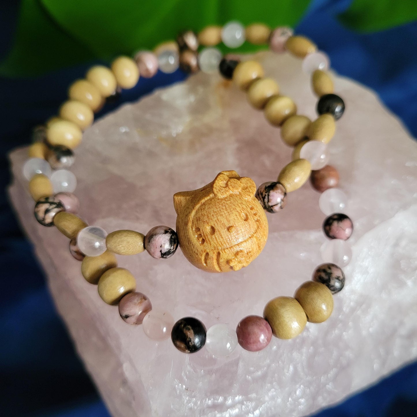 Dainty Bracelet Set with Hello Kitty Bead Charm | Rhodonite & Rose Quartz | Handmade Jewelry | Valentines Love Gift | Pretty Pastel Pink