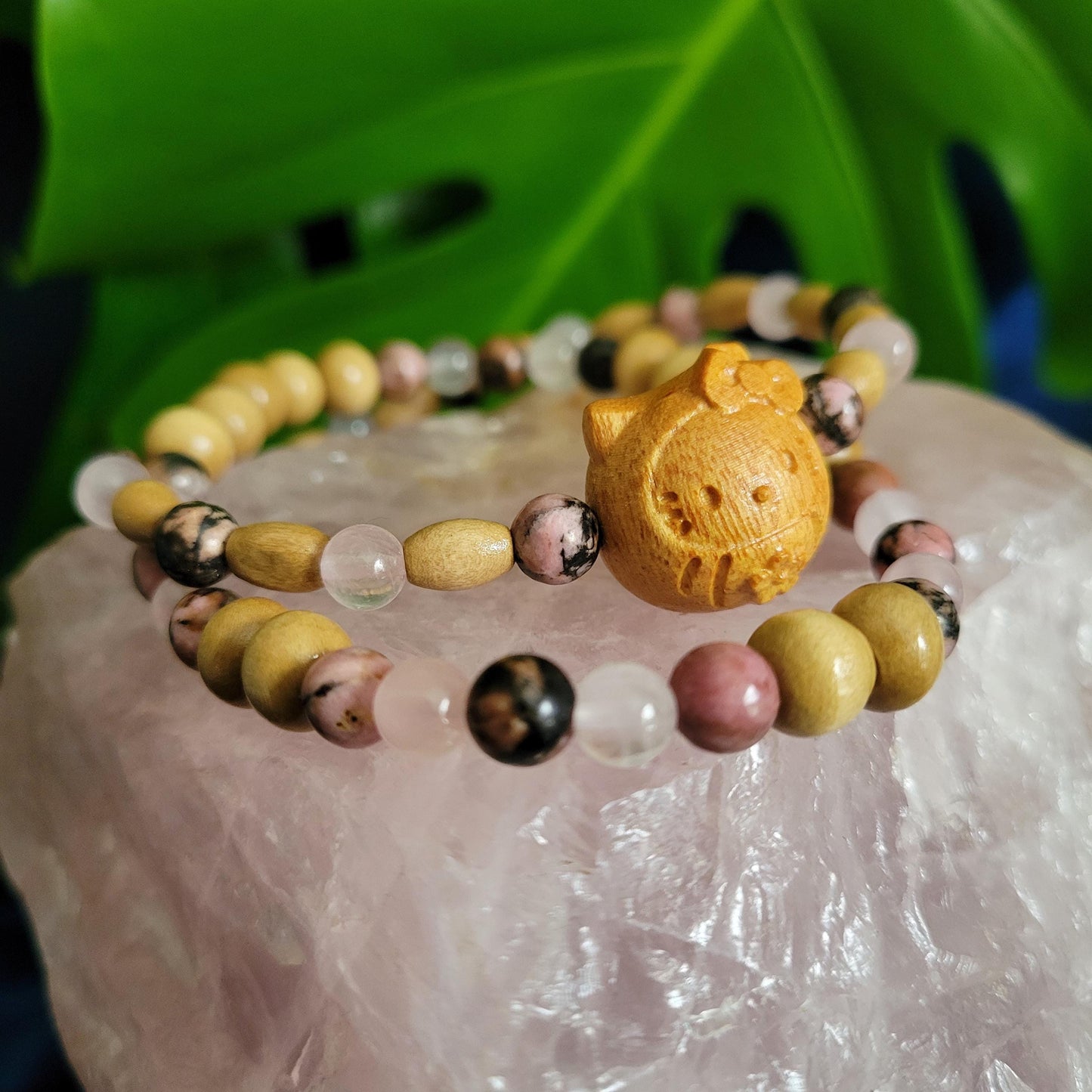 Dainty Bracelet Set with Hello Kitty Bead Charm | Rhodonite & Rose Quartz | Handmade Jewelry | Valentines Love Gift | Pretty Pastel Pink