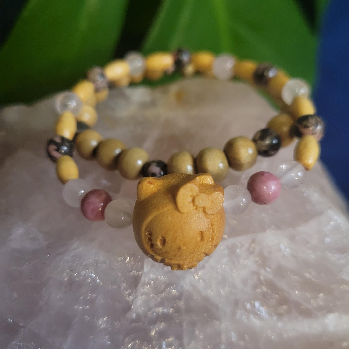 Dainty Bracelet Set with Hello Kitty Bead Charm | Rhodonite & Rose Quartz | Handmade Jewelry | Valentines Love Gift | Pastel Pink | Unique