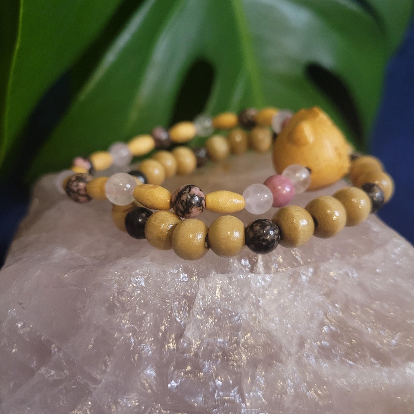 Dainty Bracelet Set with Hello Kitty Bead Charm | Rhodonite & Rose Quartz | Handmade Jewelry | Valentines Love Gift | Pastel Pink | Unique