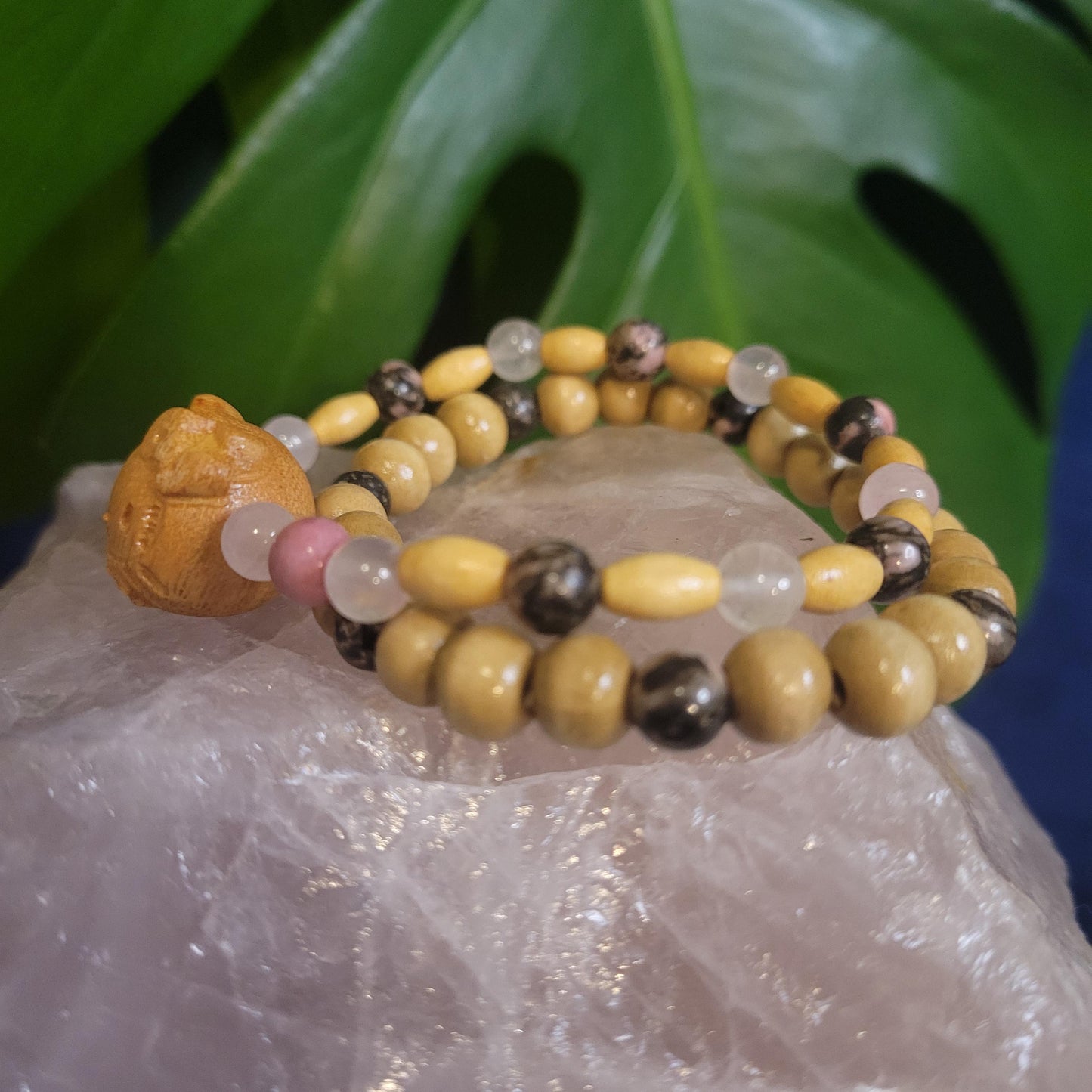 Dainty Bracelet Set with Hello Kitty Bead Charm | Rhodonite & Rose Quartz | Handmade Jewelry | Valentines Love Gift | Pastel Pink | Unique