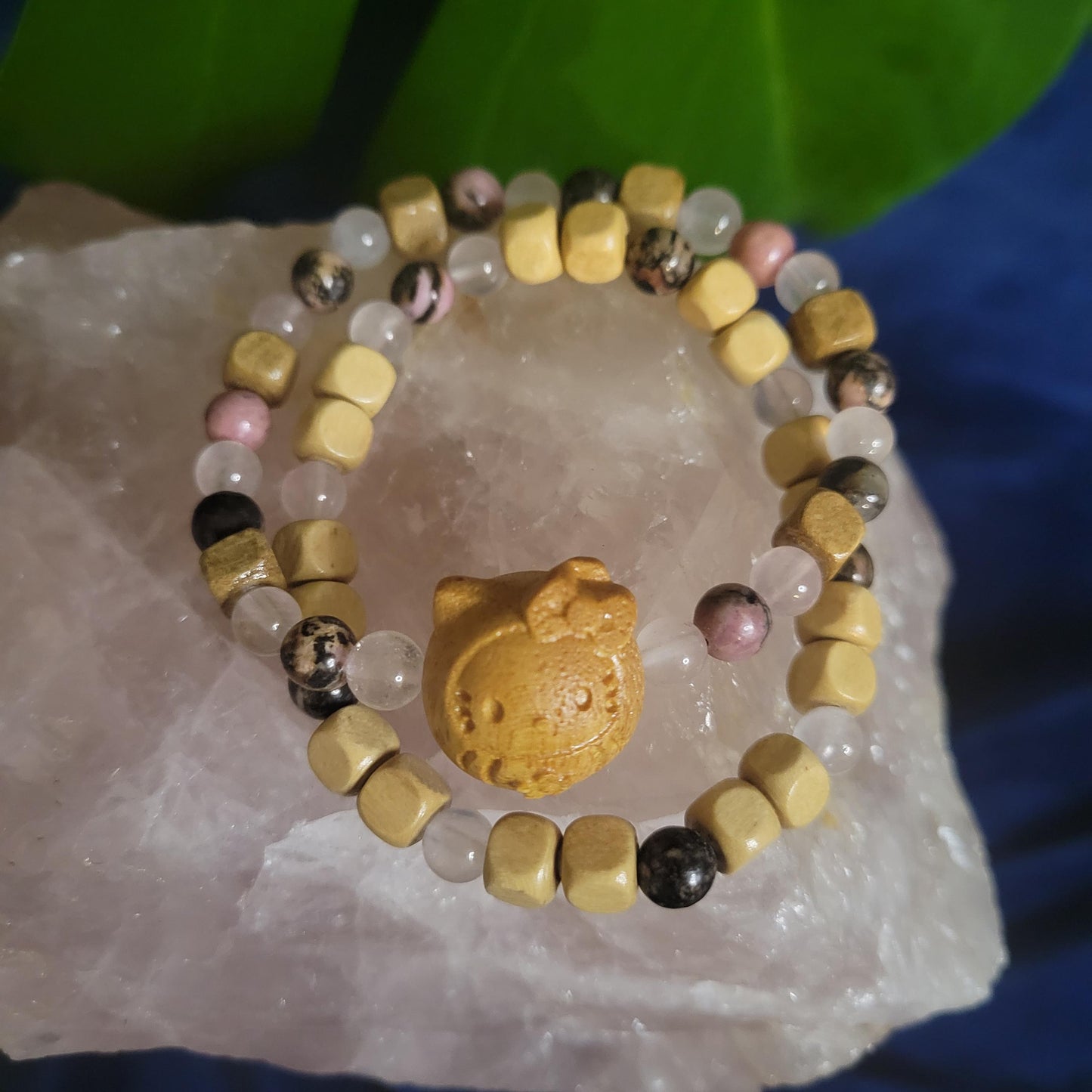 Dainty Bracelet Set with Hello Kitty Bead Charm | Rhodonite & Rose Quartz | Handmade Jewelry | Valentines Love Gift | Pastel Pink | Unique