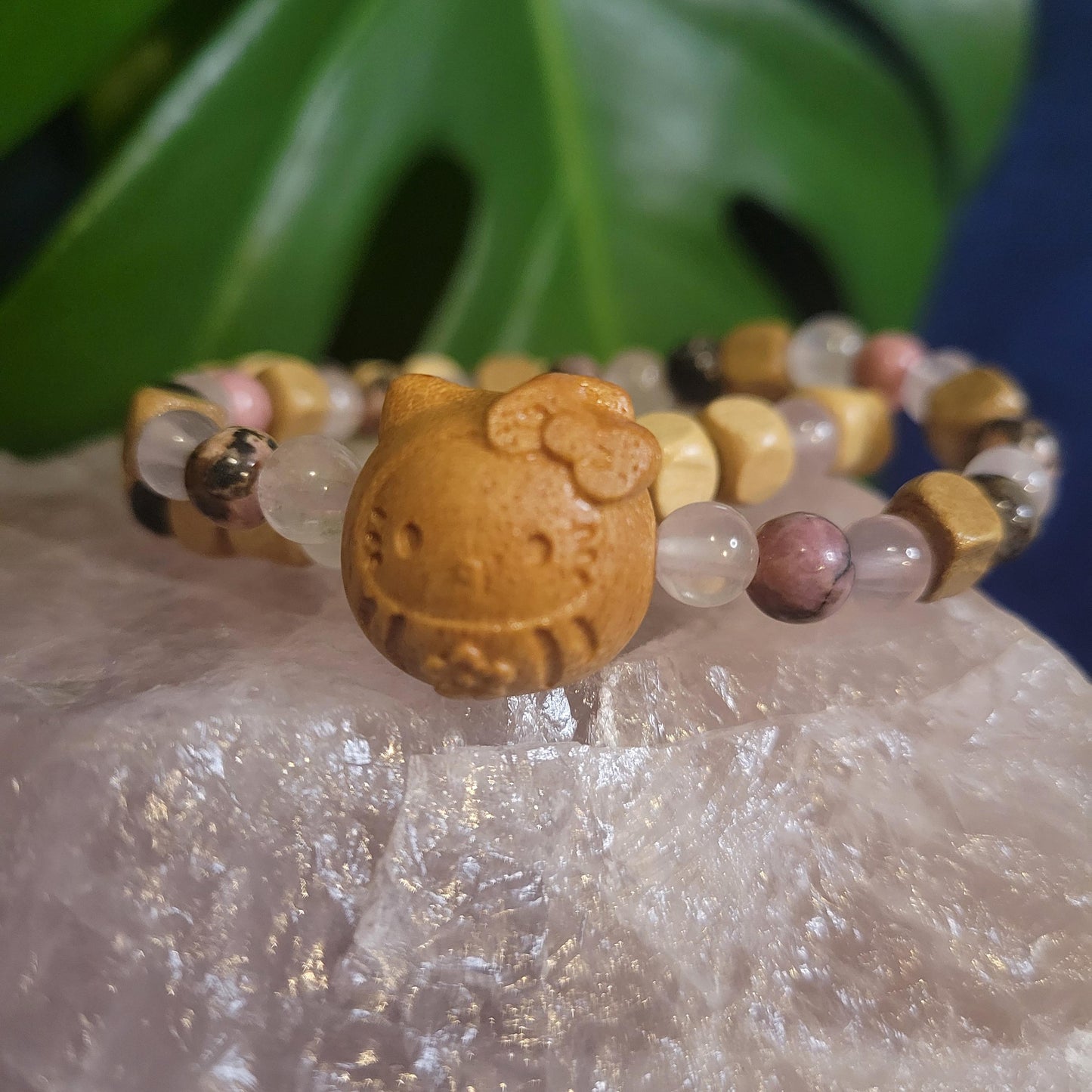 Dainty Bracelet Set with Hello Kitty Bead Charm | Rhodonite & Rose Quartz | Handmade Jewelry | Valentines Love Gift | Pastel Pink | Unique