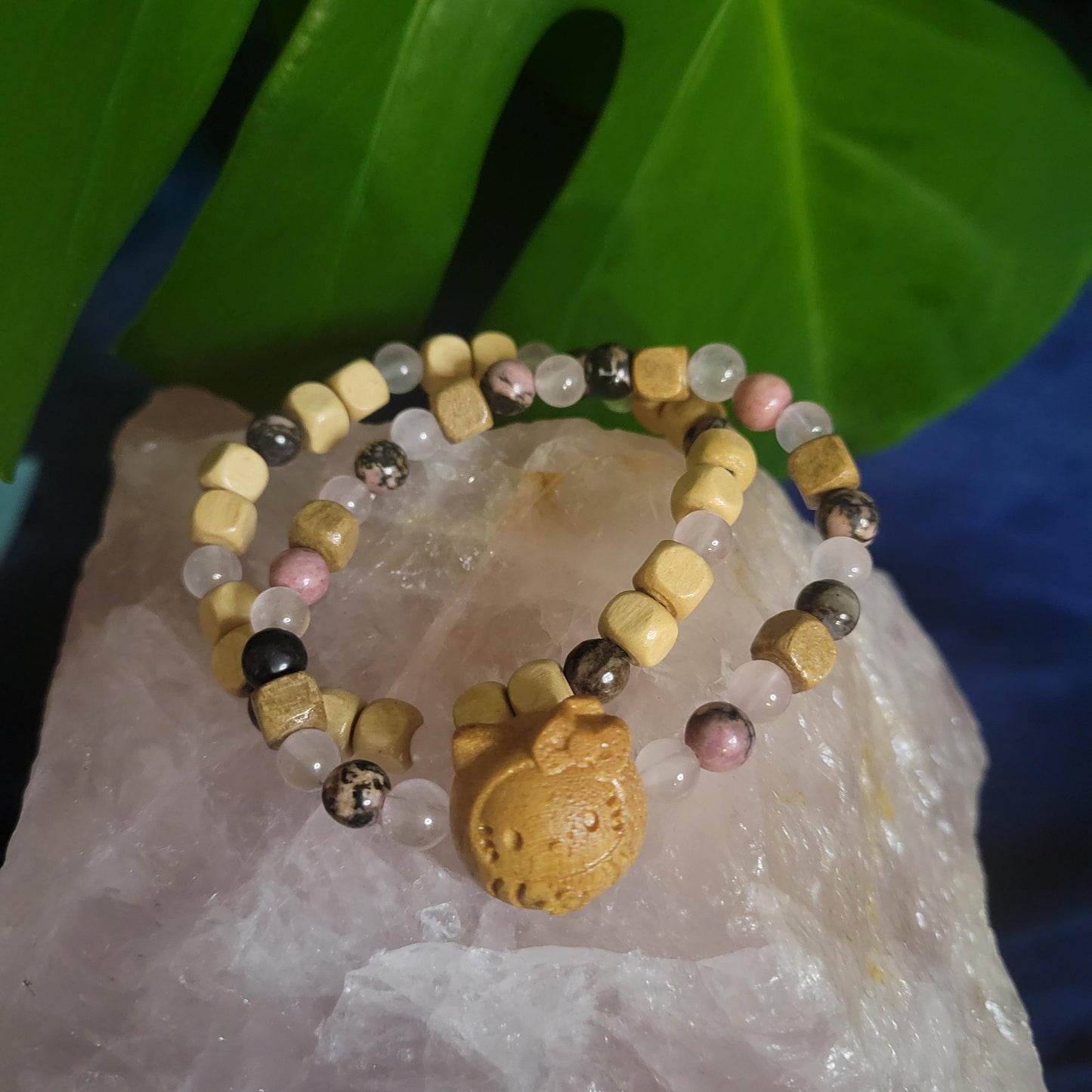 Dainty Bracelet Set with Hello Kitty Bead Charm | Rhodonite & Rose Quartz | Handmade Jewelry | Valentines Love Gift | Pastel Pink | Unique