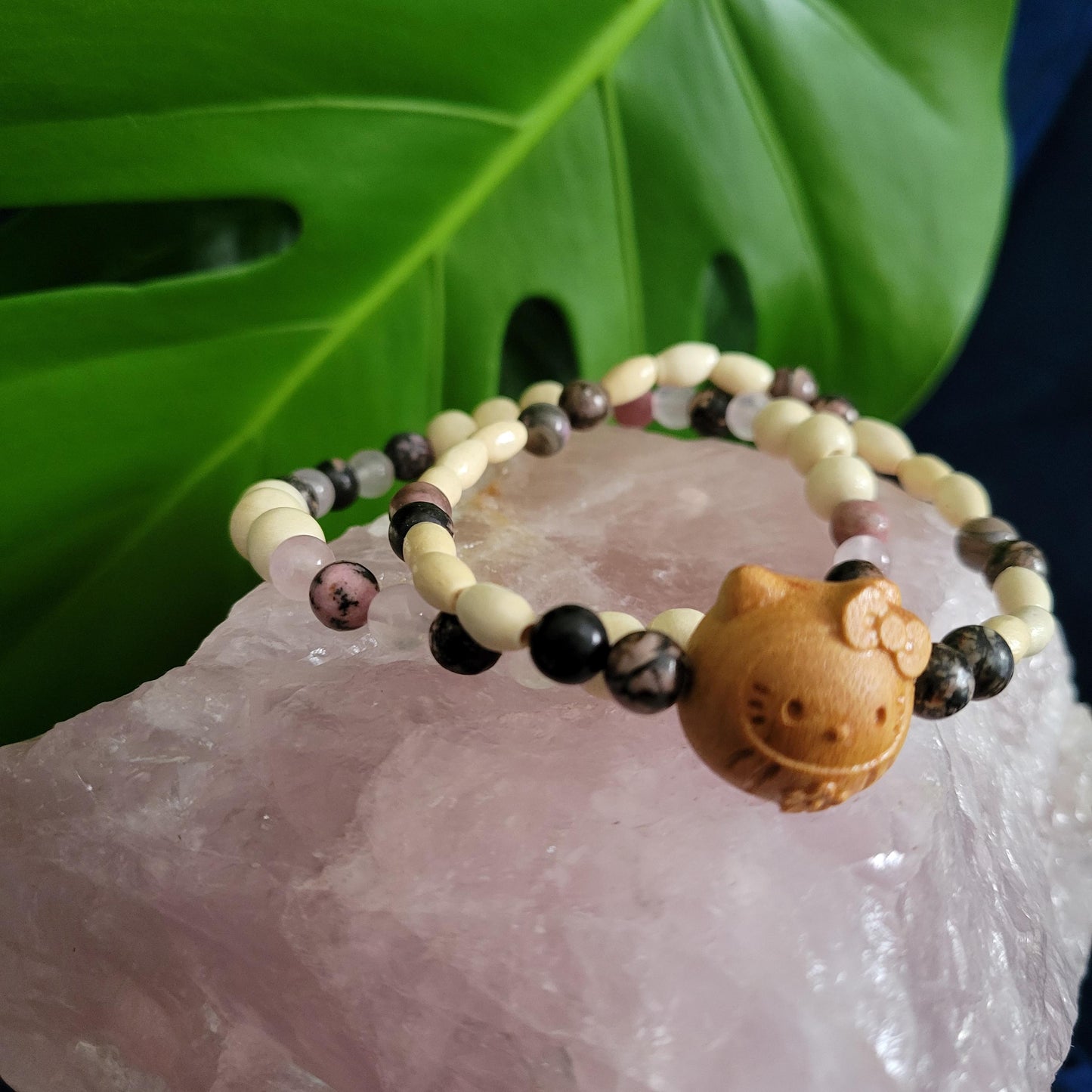 Dainty Bracelet Set with Hello Kitty Bead Charm | Rhodonite & Rose Quartz | Handmade Jewelry | Valentines Love Gift | Pretty Pastel Pink