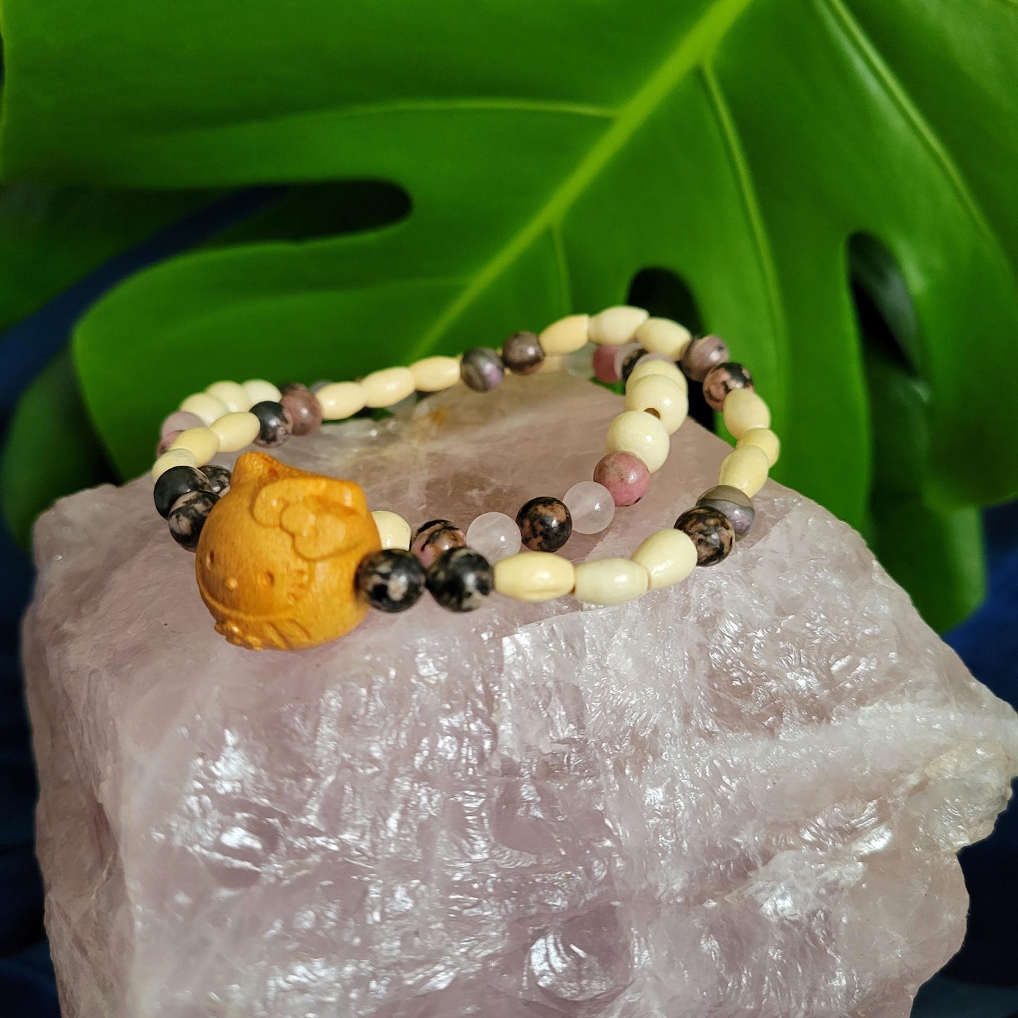 Dainty Bracelet Set with Hello Kitty Bead Charm | Rhodonite & Rose Quartz | Handmade Jewelry | Valentines Love Gift | Pretty Pastel Pink