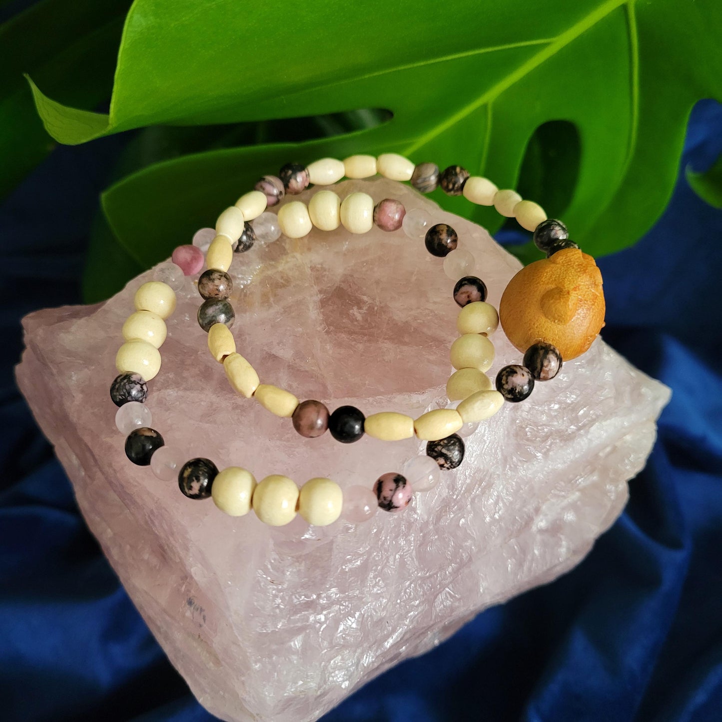 Dainty Bracelet Set with Hello Kitty Bead Charm | Rhodonite & Rose Quartz | Handmade Jewelry | Valentines Love Gift | Pretty Pastel Pink
