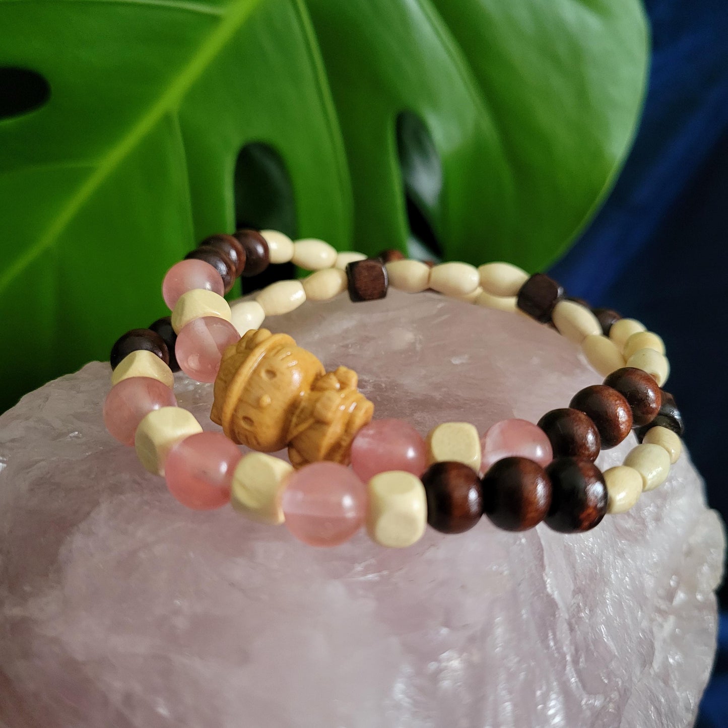 Dainty Bracelet Set with Hello Kitty Bead Charm | Cherry Quartz Crystal Beads | Handmade Jewelry | Valentines Love Gift | Pretty in Pastels