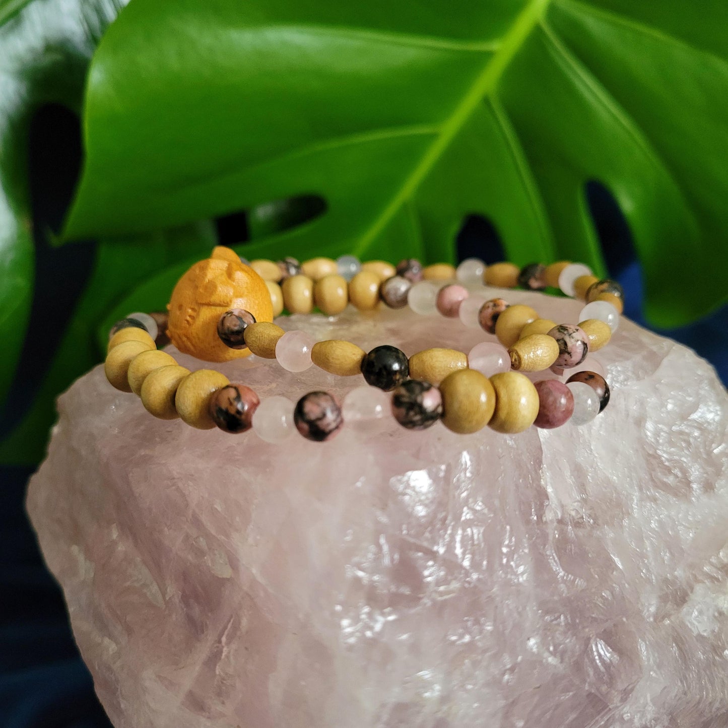 Dainty Bracelet Set with Hello Kitty Bead Charm | Rhodonite & Rose Quartz | Handmade Jewelry | Valentines Love Gift | Pretty Pastel Pink