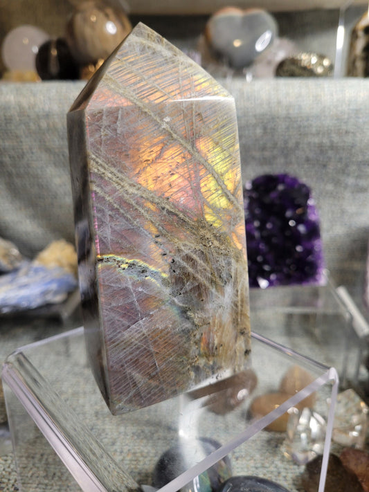 Gorgeous Purple & Pink Flash Labradorite Tower from Madagascar | Meditation Tool | Third Eye Chakra | Rainbow Flash | Crystal Collector Gift