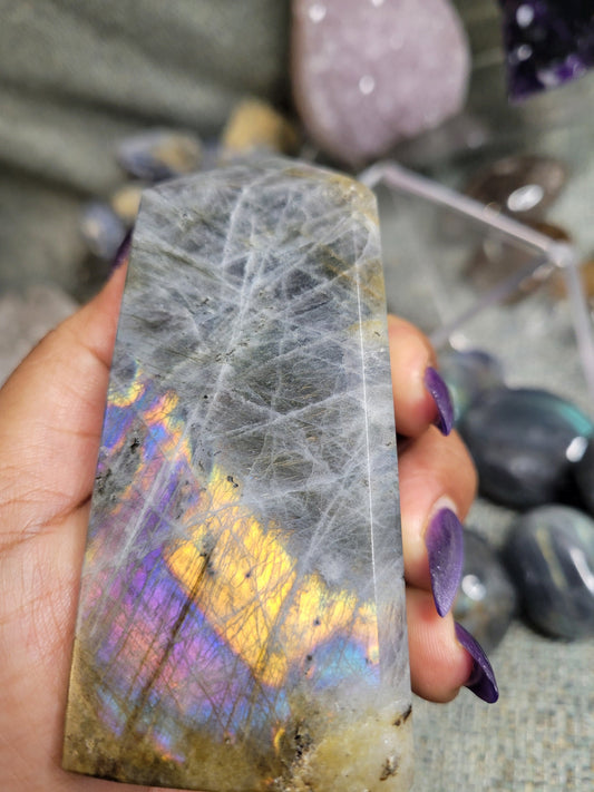 Gorgeous Purple & Pink Flash Labradorite Tower from Madagascar | Meditation Tool | Third Eye Chakra | Rainbow Flash | Crystal Collector Gift