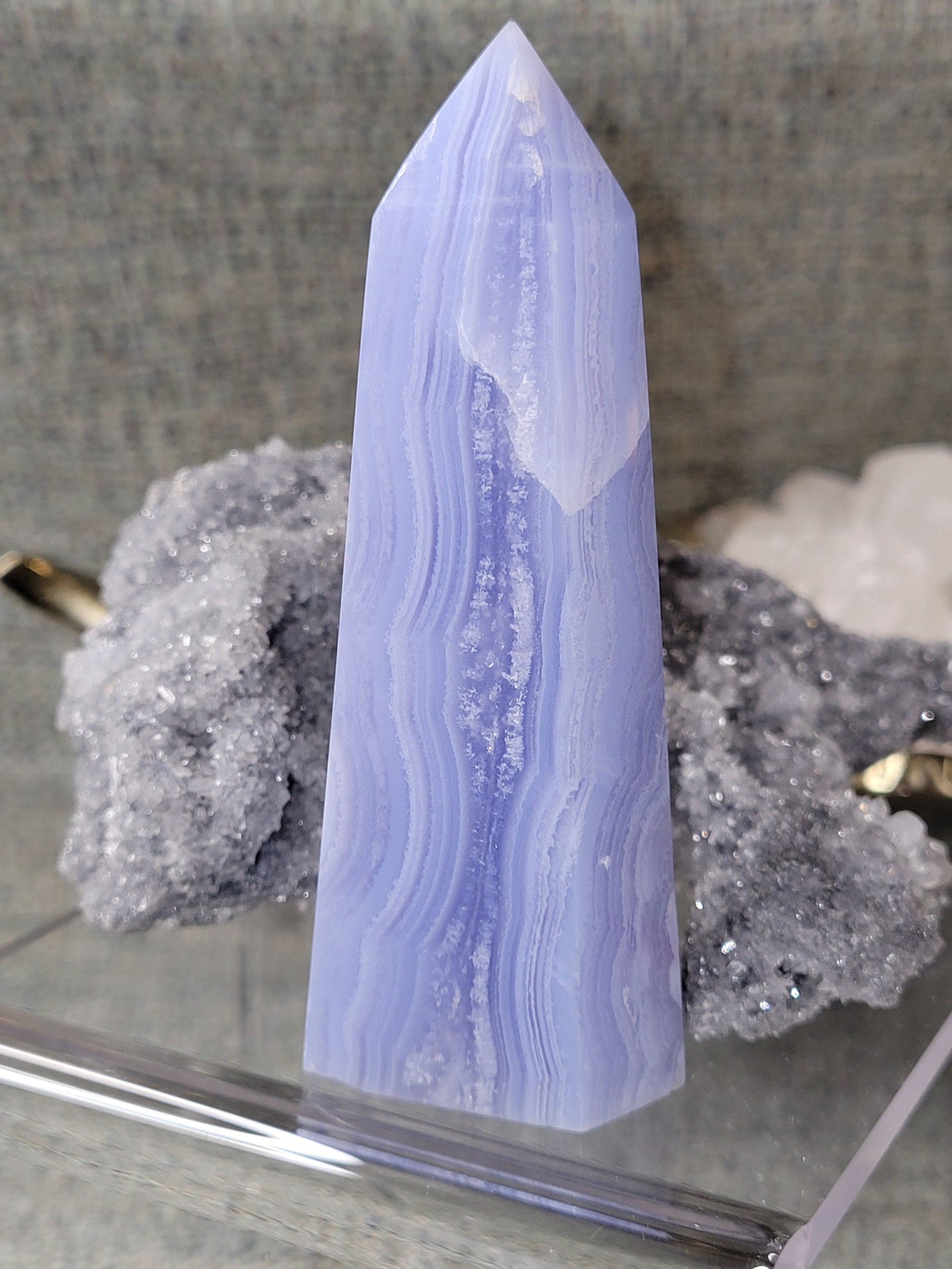 Beautiful Blue Lace Agate Tower | Gorgeous Banding | Chalcedony Crystal Collector | Home Decor |Throat Chakra| Meditation Tool| From Namibia