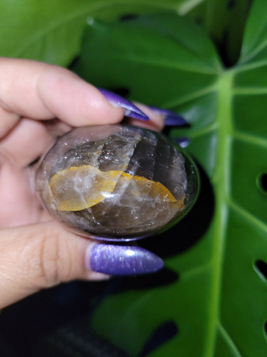XL Exquisite High Quality Smoky Quartz gallet / palm stone crystal with Golden Healer