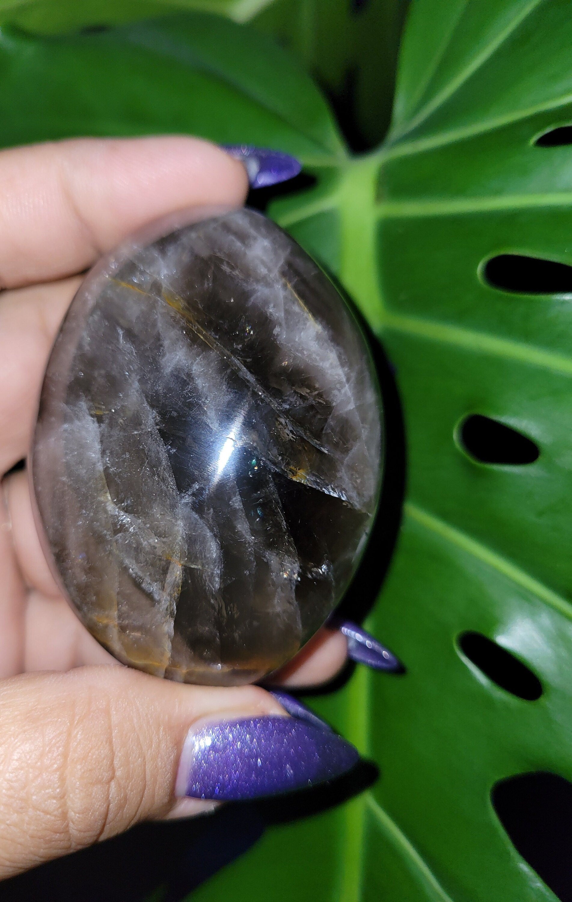 XL Exquisite High Quality Smoky Quartz gallet / palm stone crystal with Golden Healer