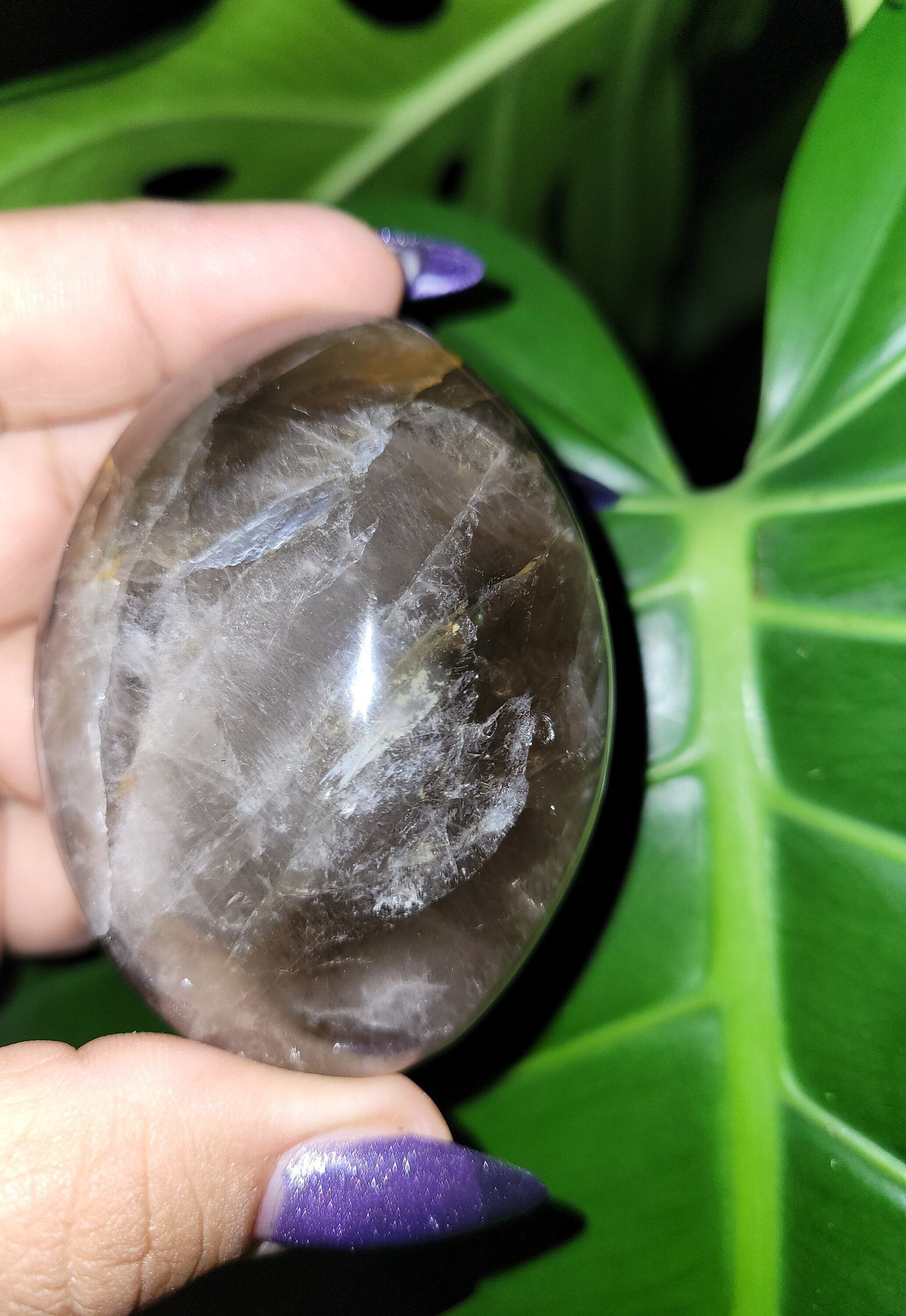 XL Exquisite High Quality Smoky Quartz gallet / palm stone crystal with Golden Healer