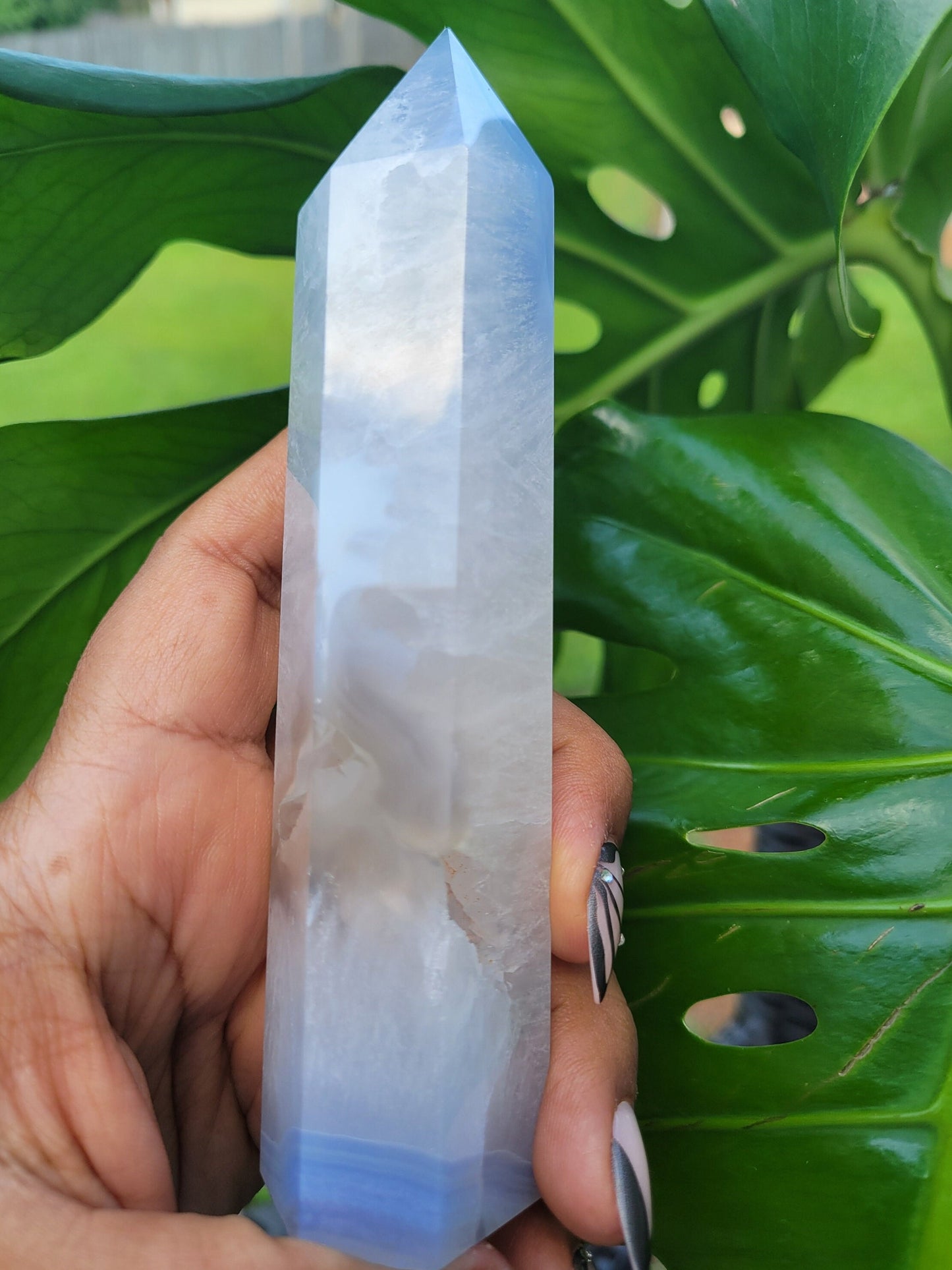 Beautiful Rare Druzy Blue Lace Agate Obelisk / Tower with Banding and Smoky Quartz | Birthday Christmas Gift Idea | Crystal Collectors
