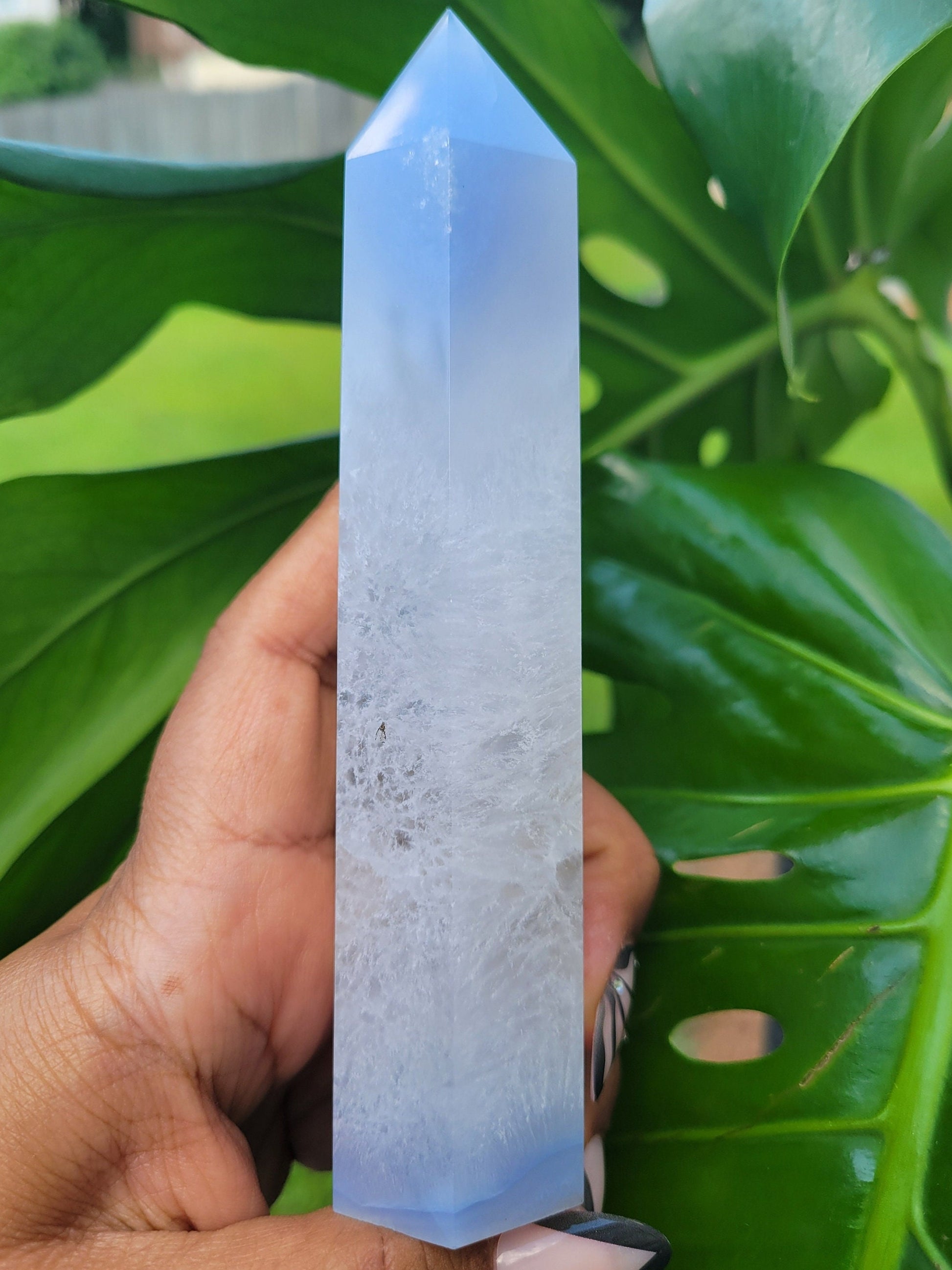 Beautiful Rare Druzy Blue Lace Agate Obelisk / Tower with Banding and Smoky Quartz | Birthday Christmas Gift Idea | Crystal Collectors
